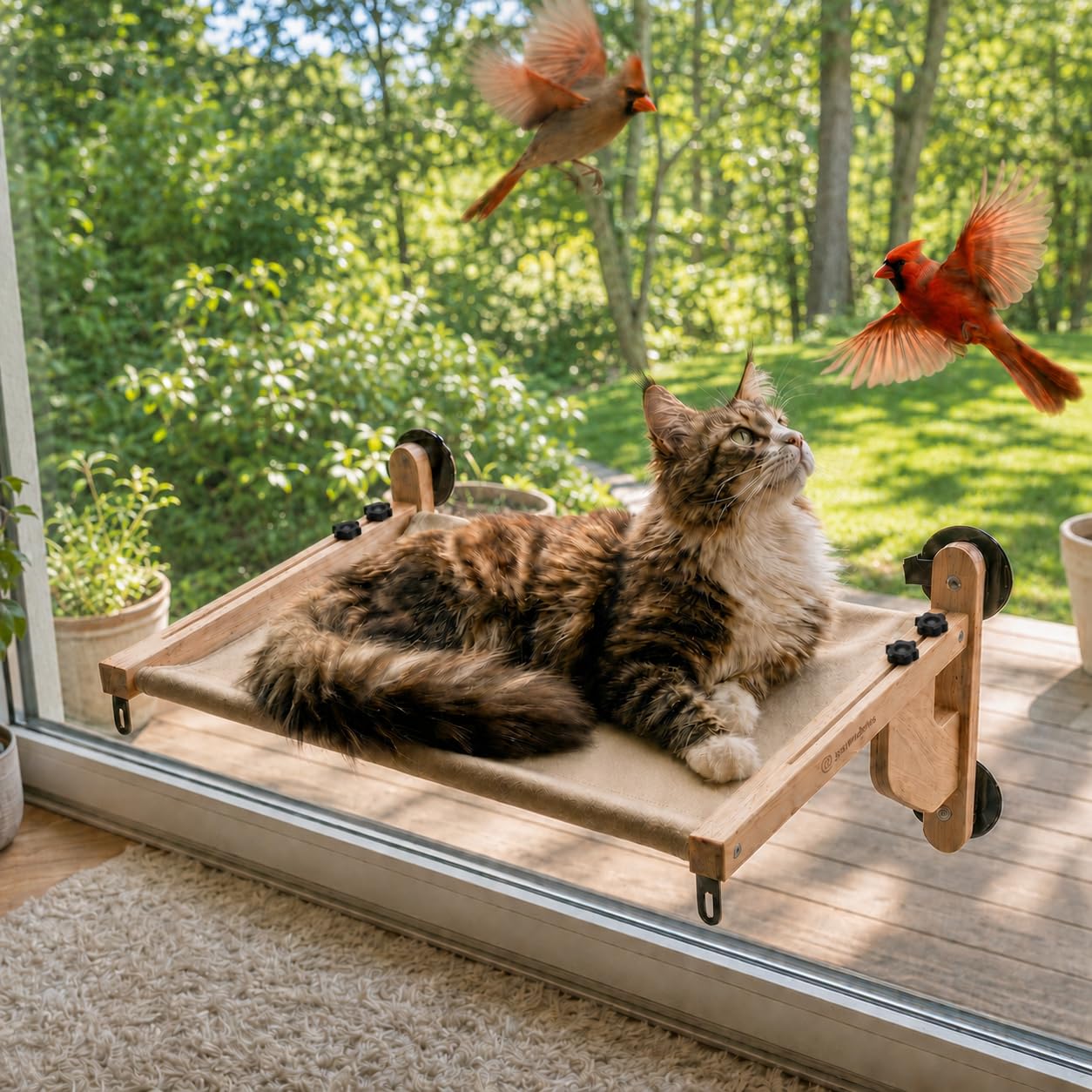 JessWednes Extra Wide 51 x 64 cm Cat Window Bed, 18 kg Tested Solid Wood Cat Window Perch & Hammock for Large Breeds,Heavy-duty Suction Cups & Steel Hooks, 3-in-1 for Sofa, Bed & Floor