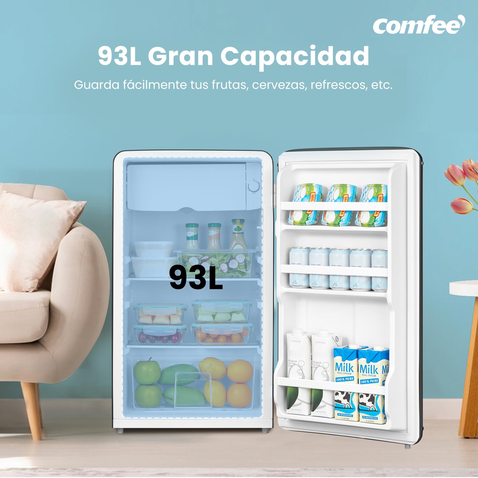 Comfee' 93L Refrigerador Bajo Encimera, Diseño Retro, Negro | Independiente con Compartimento Enfriador, Termostatos Ajustables, Luz LED, Ideal para Hogar y Oficina