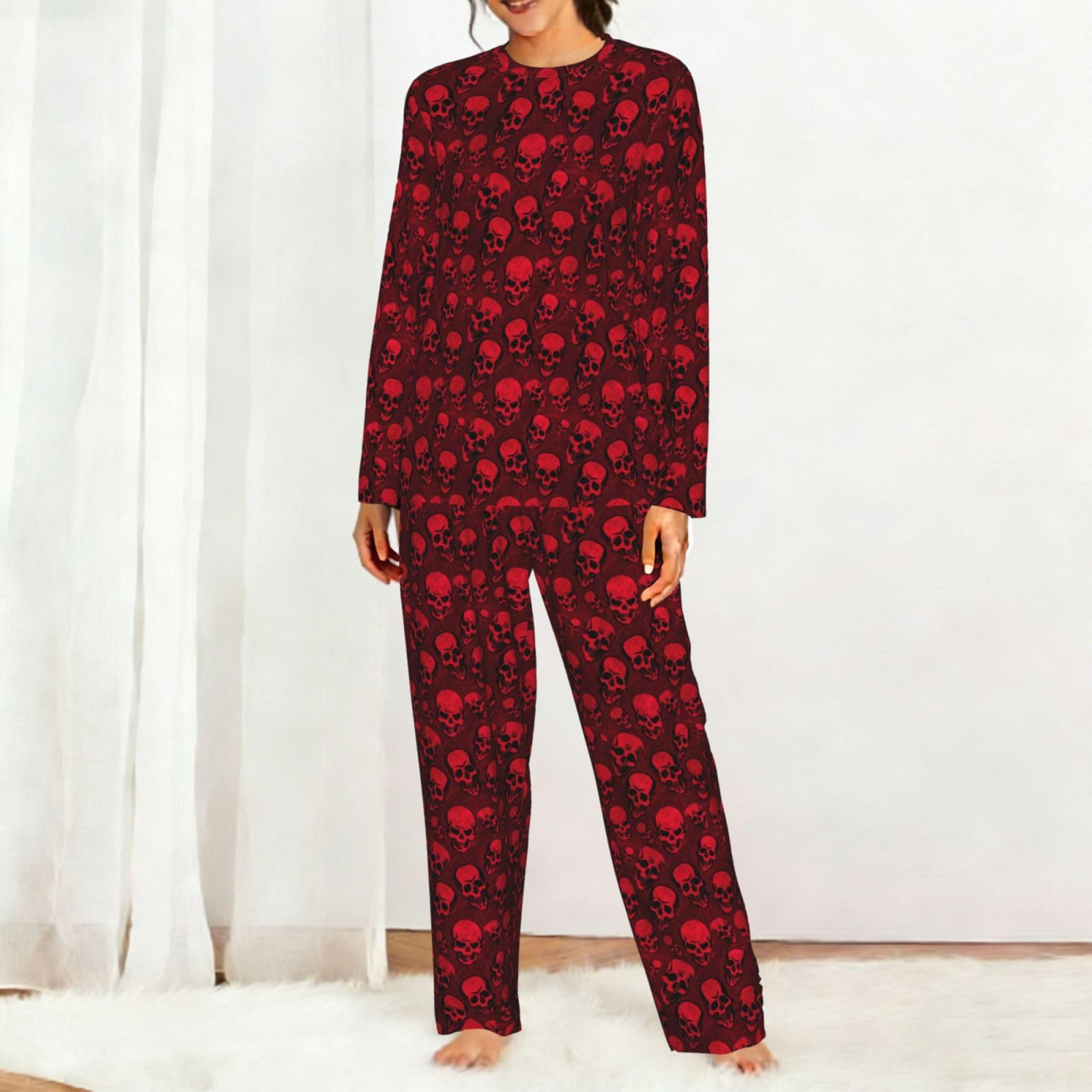 Red Skulls Stampa Donna Manica Lunga Pigiama Corrispondente Morbido Elastico Coulisse Casual Daywear
