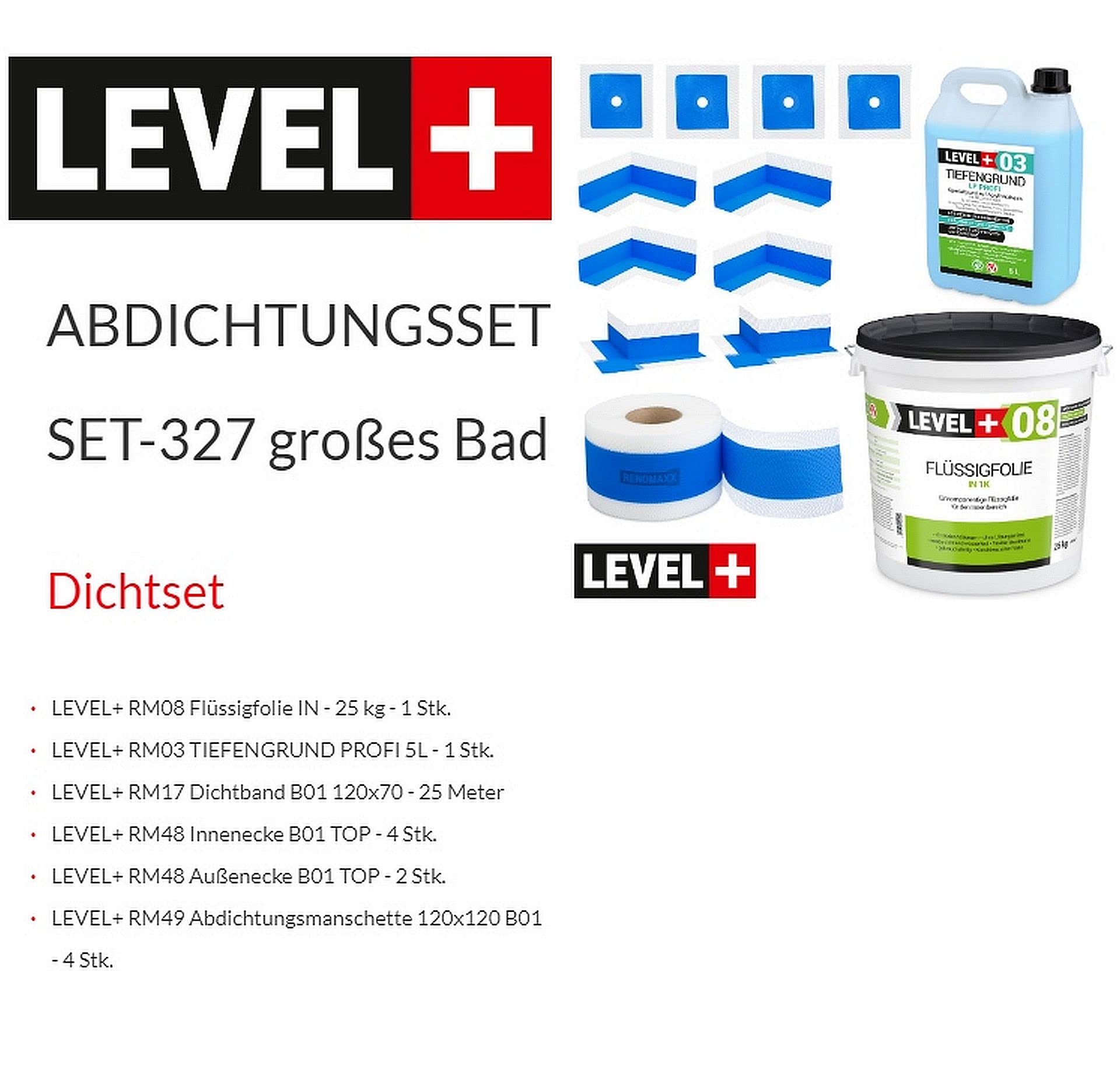 Set completo de sellado de baño 25 kg, lámina líquida, 4 esquinas interiores, 2 esquinas exteriores, 4 manguitos de pared, 20 m de cinta de sellado, fondo de 5 L, ducha SET327