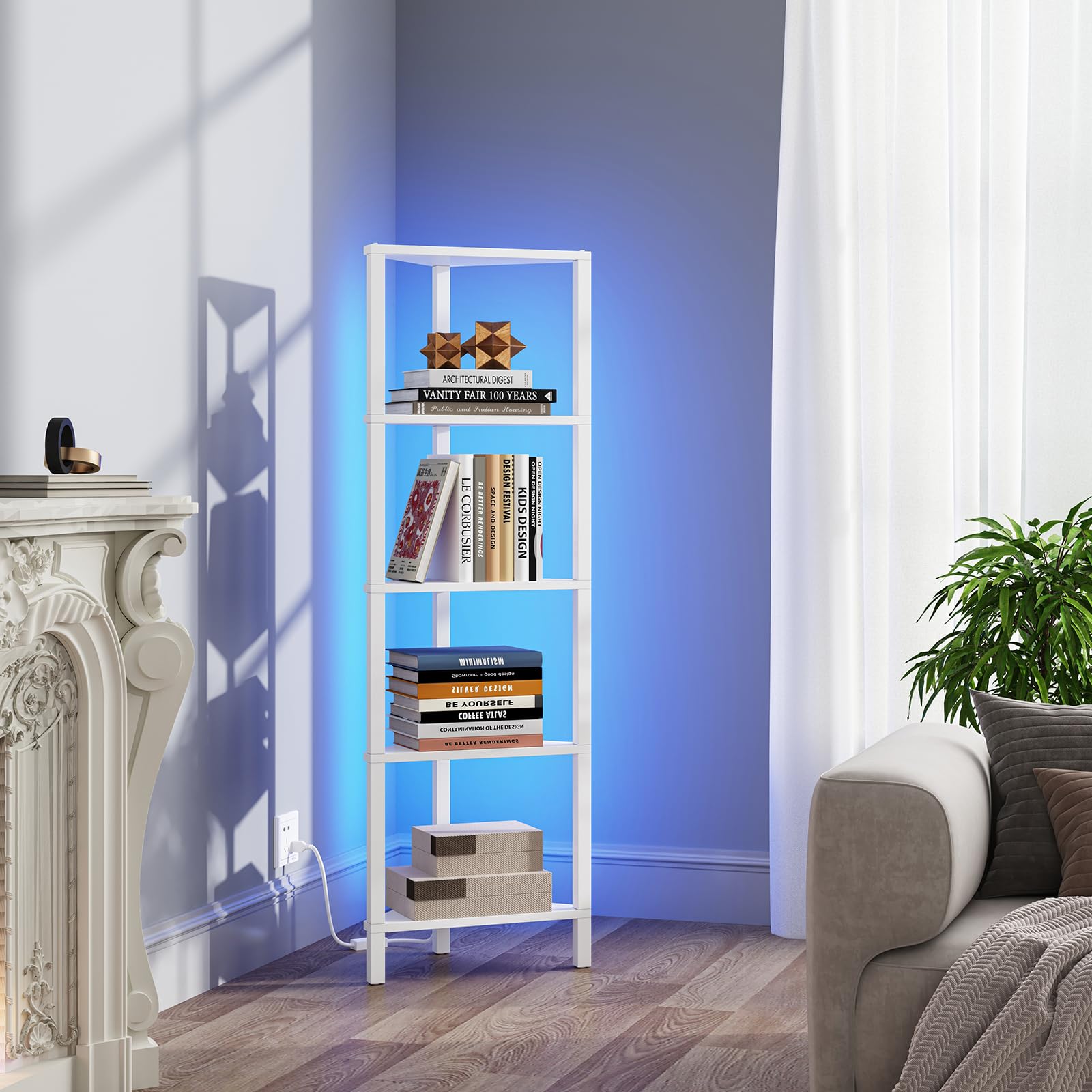 TUTOTAK Corner Shelf with LED Light, 5-Tier Corner Bookshelf for Small Space, Narrow Display Corner Shelf Stand with Storage Rack, for Living Room, bedroom, Pure White BS05BW005LEU