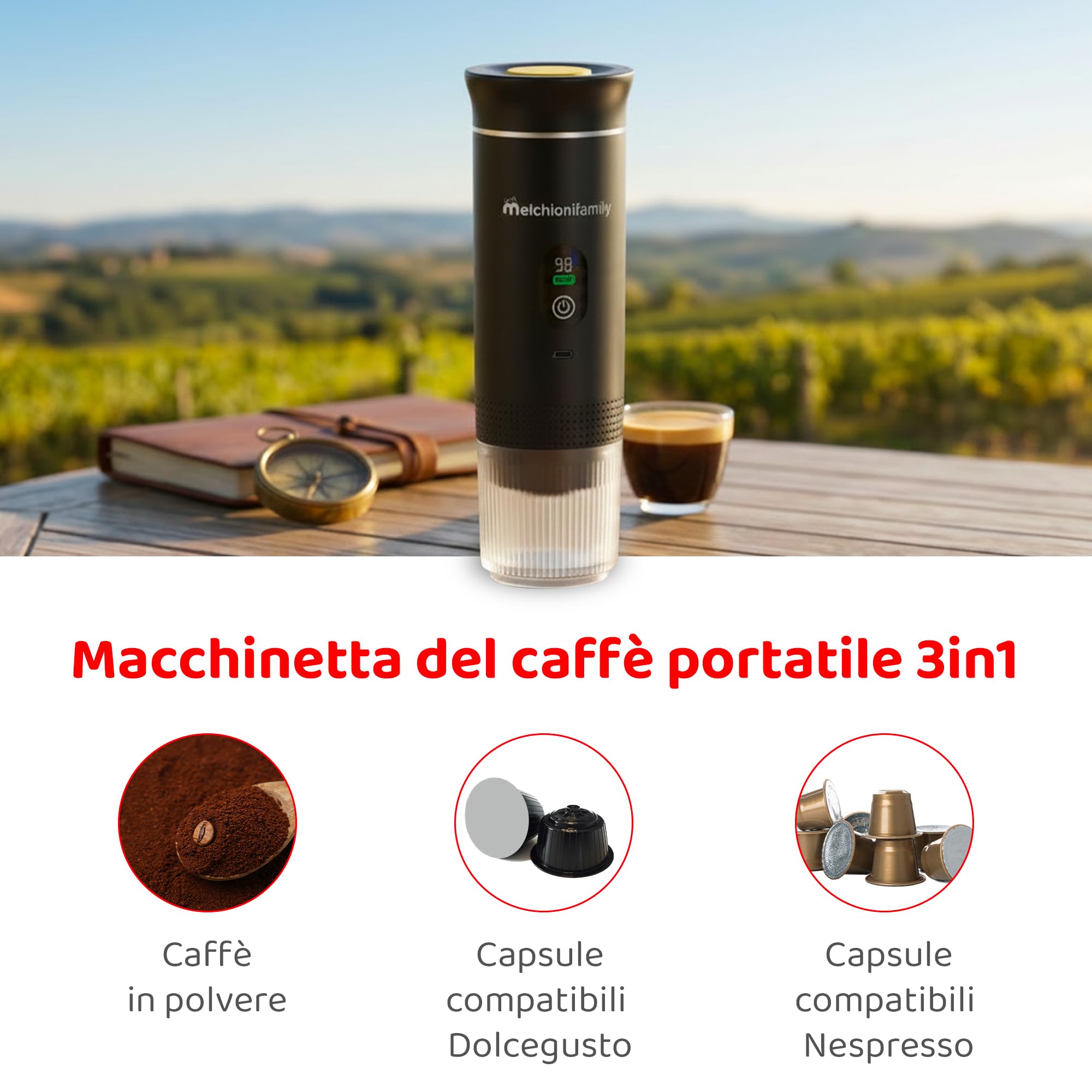 Melchioni Caffè Go - Macchina Caffè Portatile 3 in 1 - Batteria Ricaricabile USB-C - Compatibile con Capsule Nespresso - Compatibile con Capsule Dolce Gusto - Compatibile con Caffè Macinato - Pompa 20