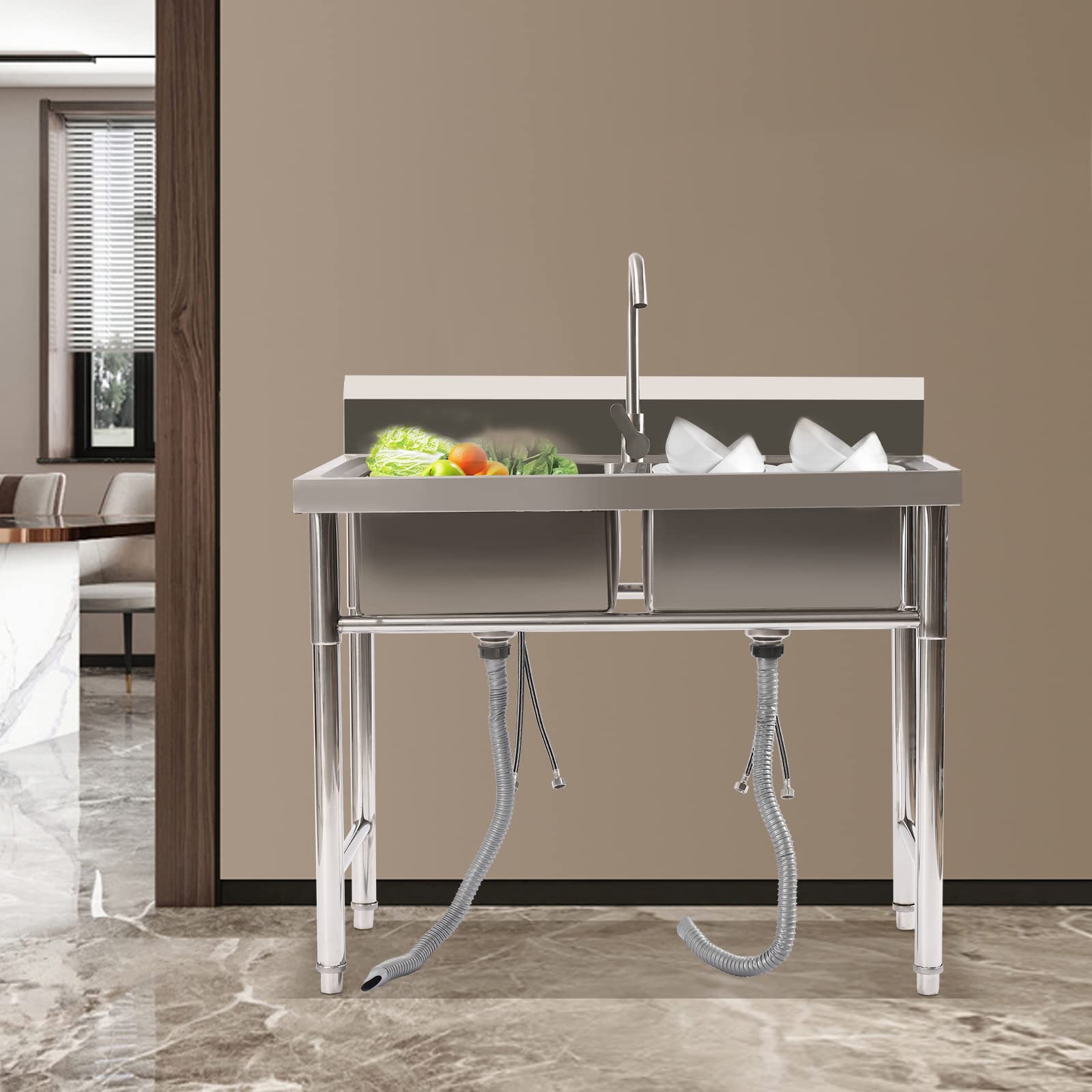 Stainless Steel 2 Compartment Free Standing Commercial Sink, with 2 Retractable Plastic Outlet Pipes, for Restaurant, Garage, Shop, Cafe, Laundry Room, 39.3
