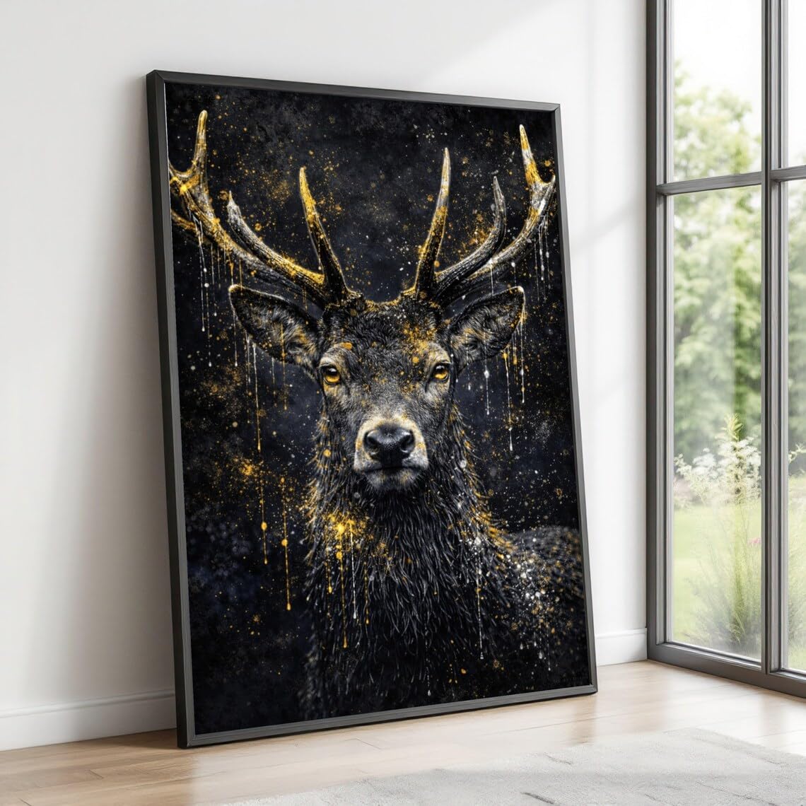 Yusuzhu Frameless Stag Portrait Canvas, Gold Paint Splatter Wall Art, Deer Head Decor, Wildlife Canvas Art For Living Room Decor Painting(70X100cm/Frameless)