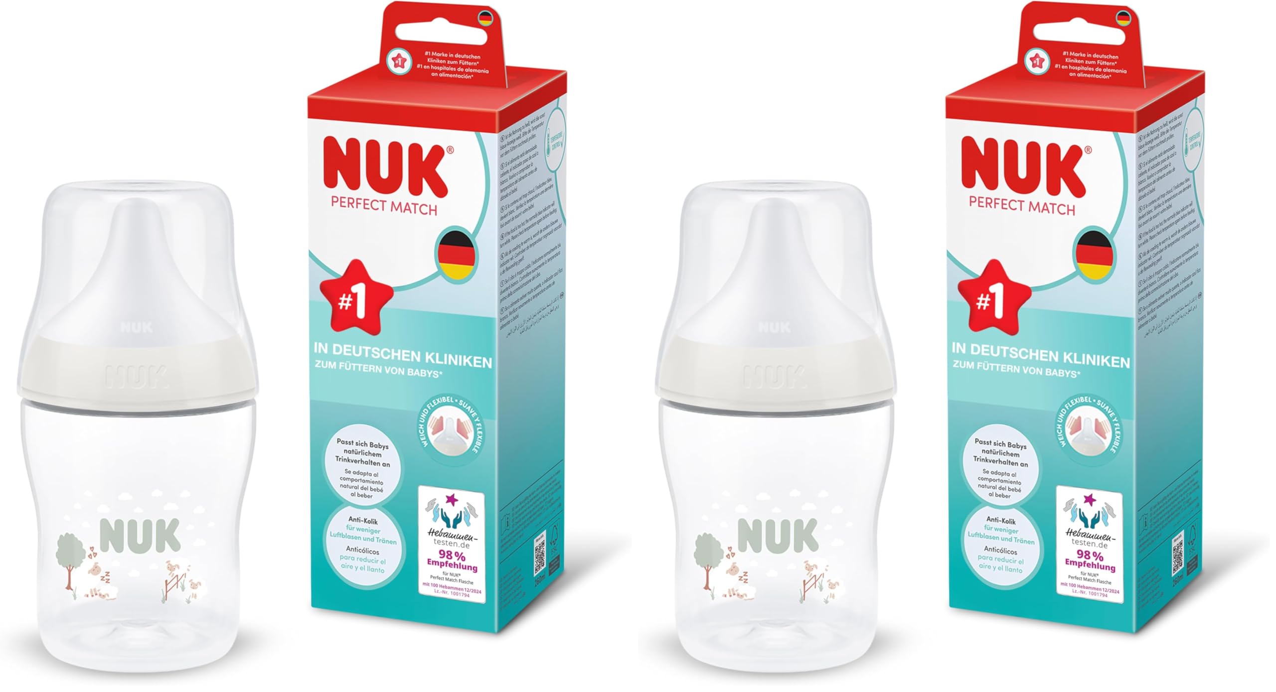 NUK Perfect Match Babyflasche | 0+ Monate | 150 ml | Anti-Kolik-Babyflasche | PP | Temperature Control Anzeige | Schafe | 1 Stück (Packung mit 2)