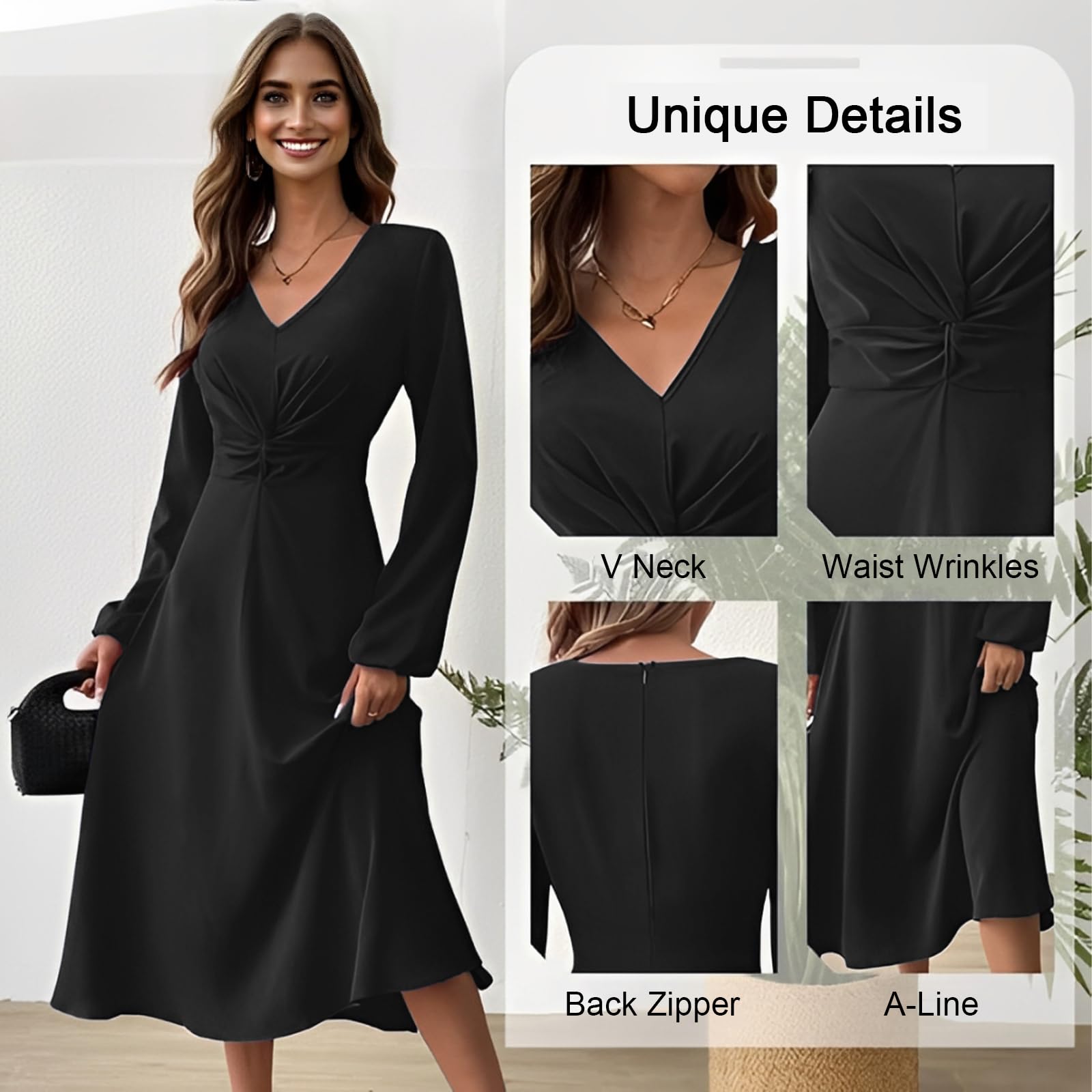 Vestidos de Fiesta Mujer Elegante Manga Larga Midi Vestido de Cóctel Plisado Sexy Cuello en V Bodycon Vintage A-línea Formal Vestido para Invitada Boda Noche Otoño Invierno