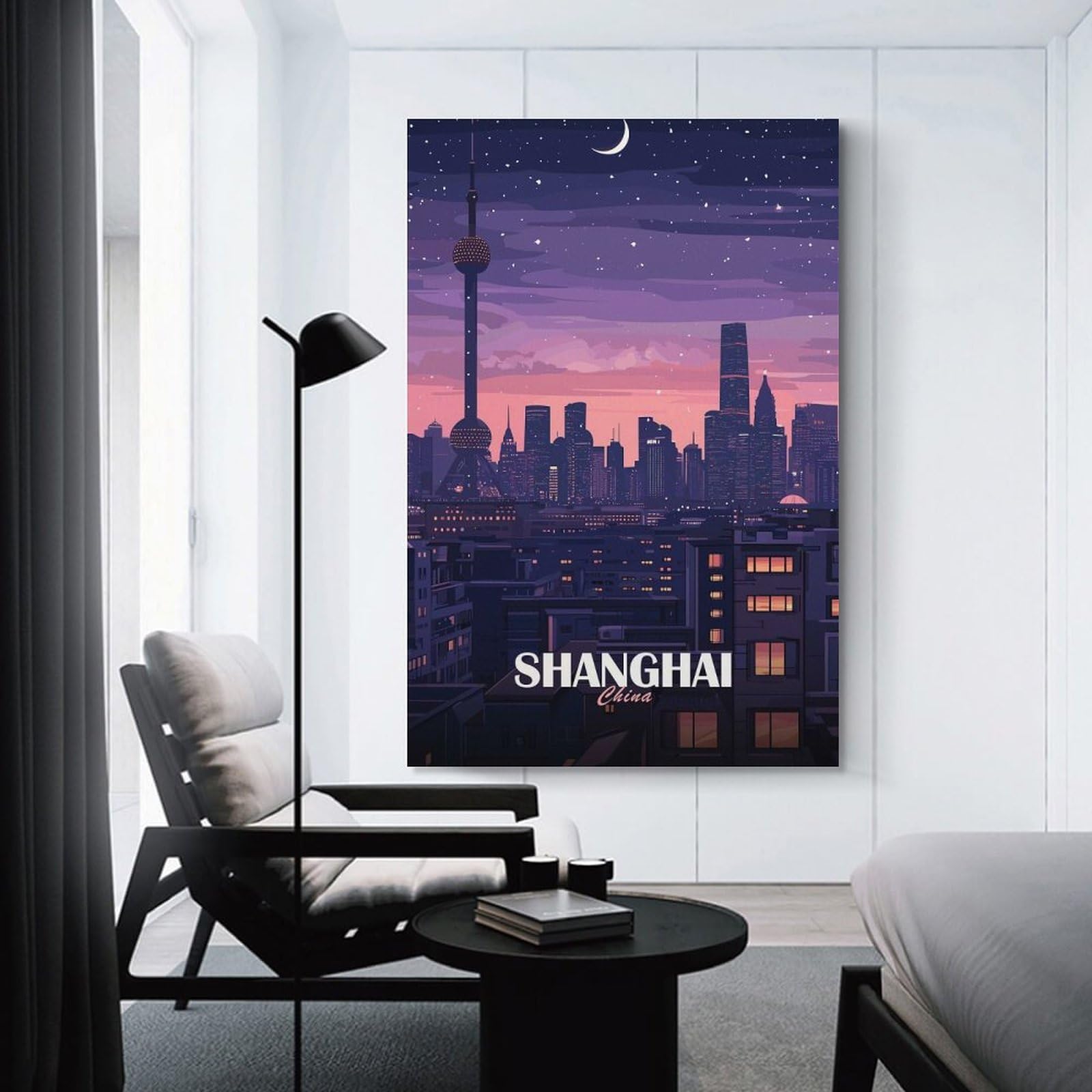 Junmoney Canvas Wall Decor Shanghai China Cityscape at Night, 24x36inch(60x90cm), for Gallery Wall Decor And Room Displays, An Easy Match for Collected Prints