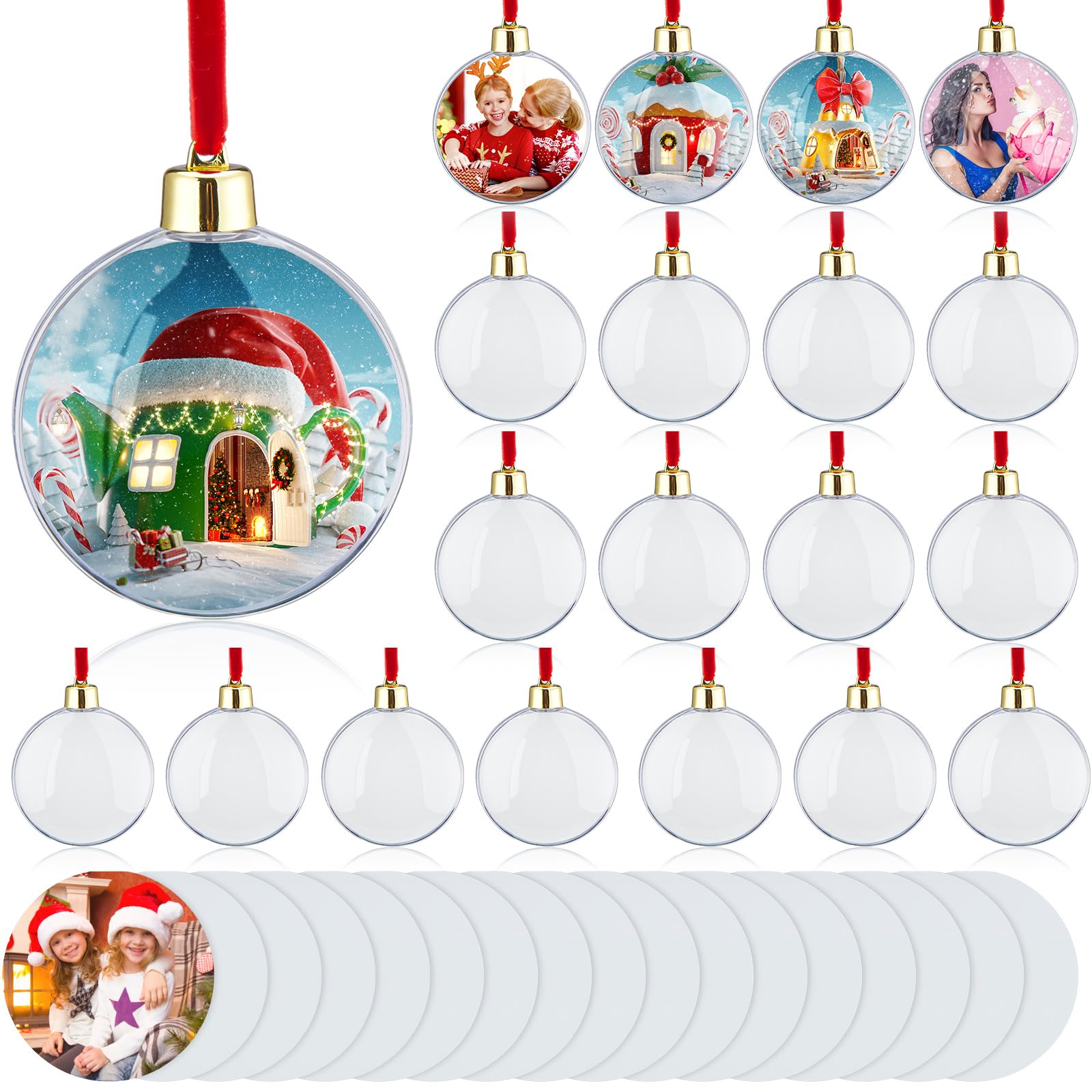 Hotop24 Pcs Photo Ornament Ball Christmas Sublimation Blanks Photo Frame Ornaments Christmas Tree Hanging Photo Ball Decoration DIY Plastic Photo Baubles for Christmas Valentine's Day Decor