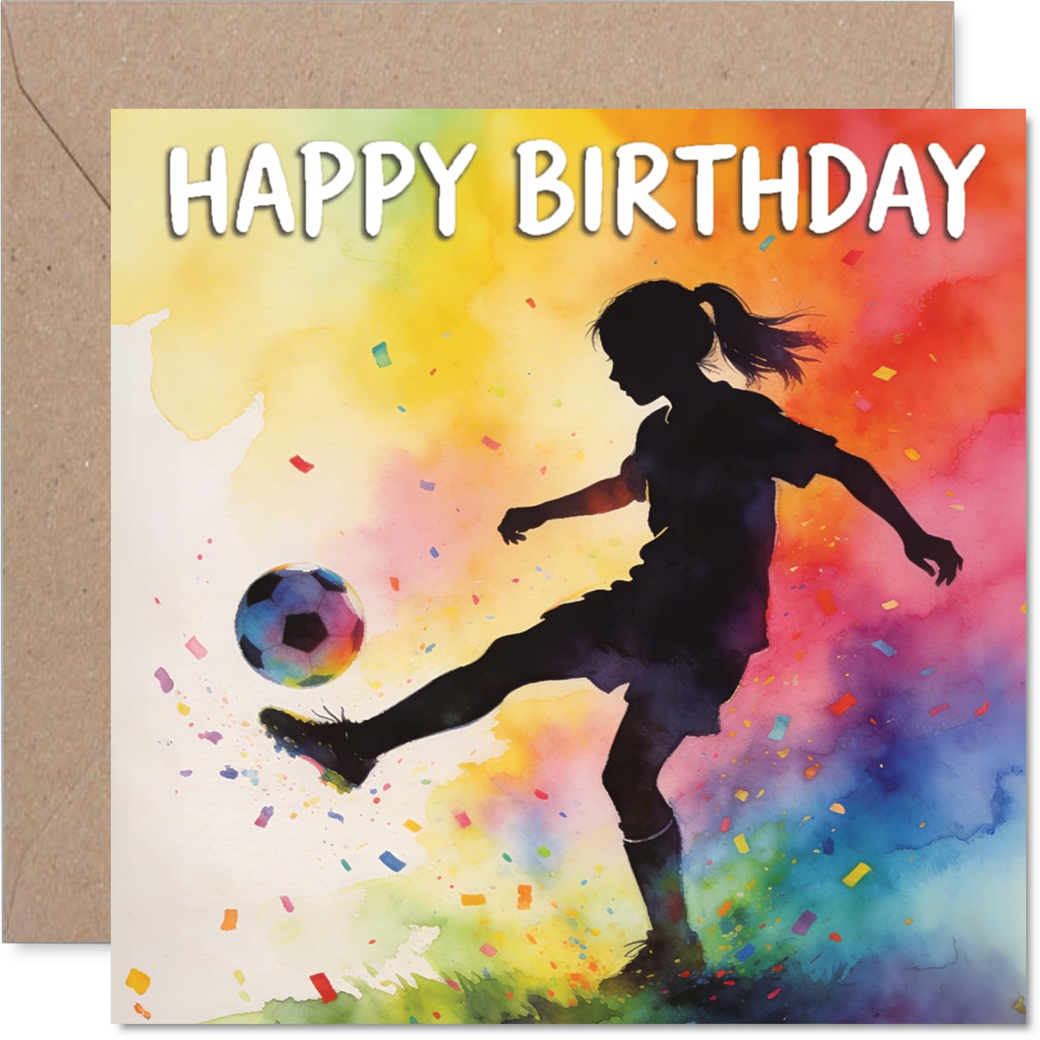 Playful Birthday Card - Kick off Their Birthday with a Bang - Vibrant Football Watercolour Design Bursting with Energy - Perfect for the Sport-mad - 145mm Square, Envelope Included