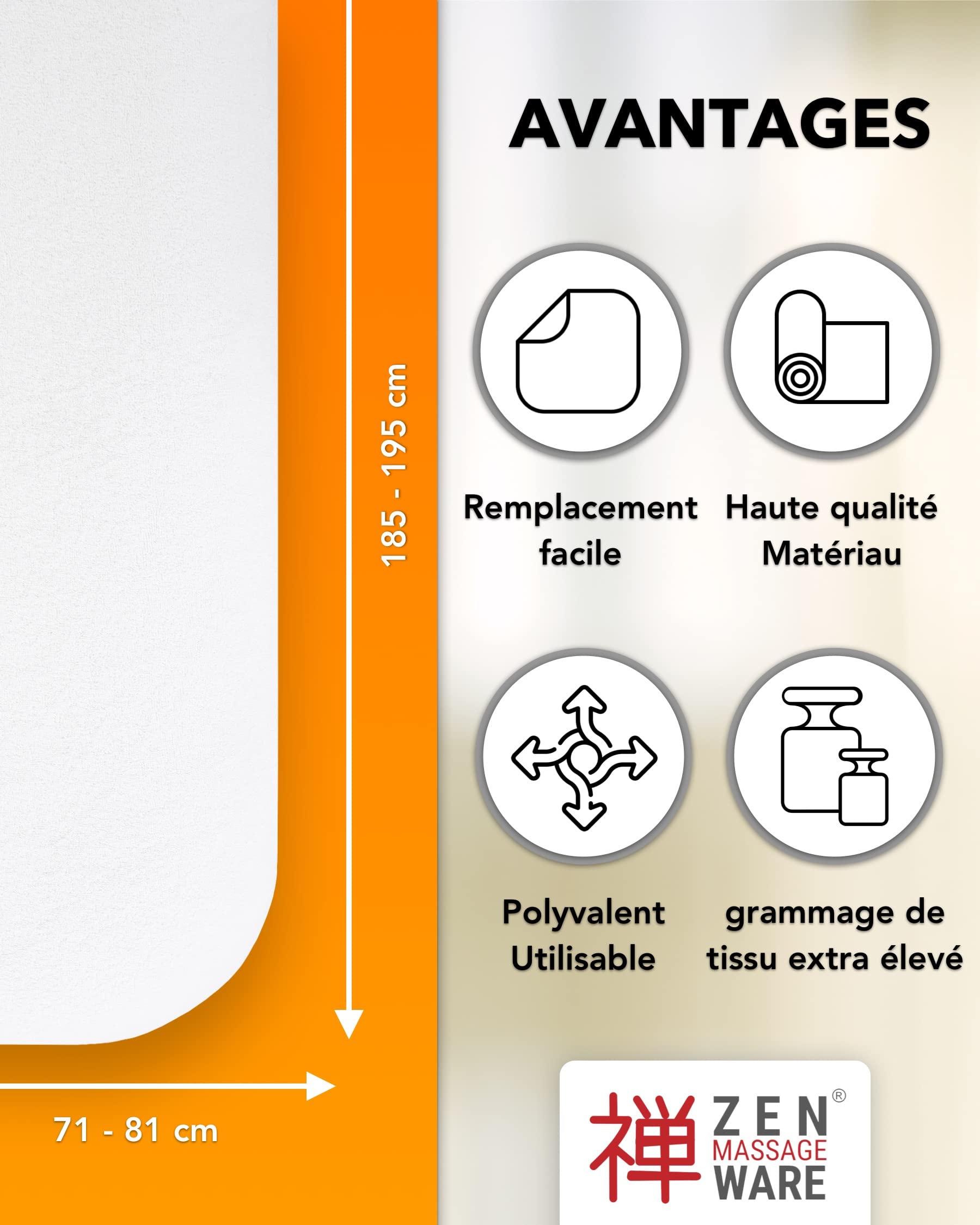 Zen Housse Table de Massage Éponge - Qualité Professionnelle, Drap Housse Extensible Doux avec Élastique - 71-81 x 185-195 cm, Lavable à 60°C & Certifié Oeko-TEX - sans Trou, Crème