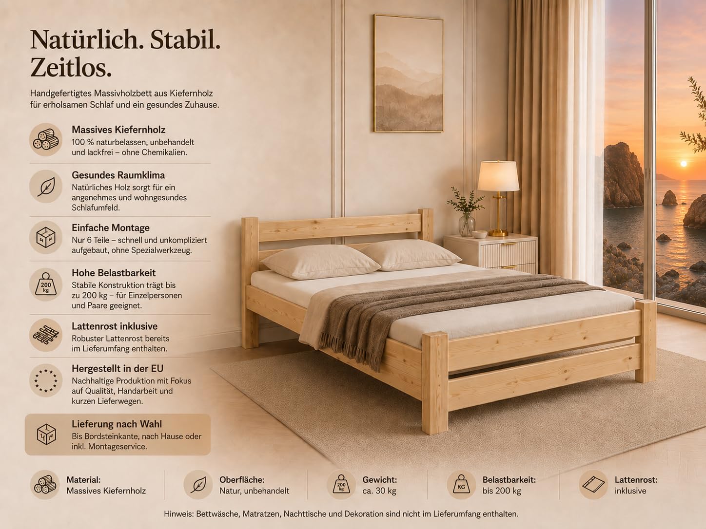 Massivholzbett | Futonbett | Naturholzbett bettgestell | Hochbett aus 100% Naturholz | kopfteil Bett | Bett mit lattenrost Und kopfteil |Seniorenbett | bettgestell (90x200 cm)