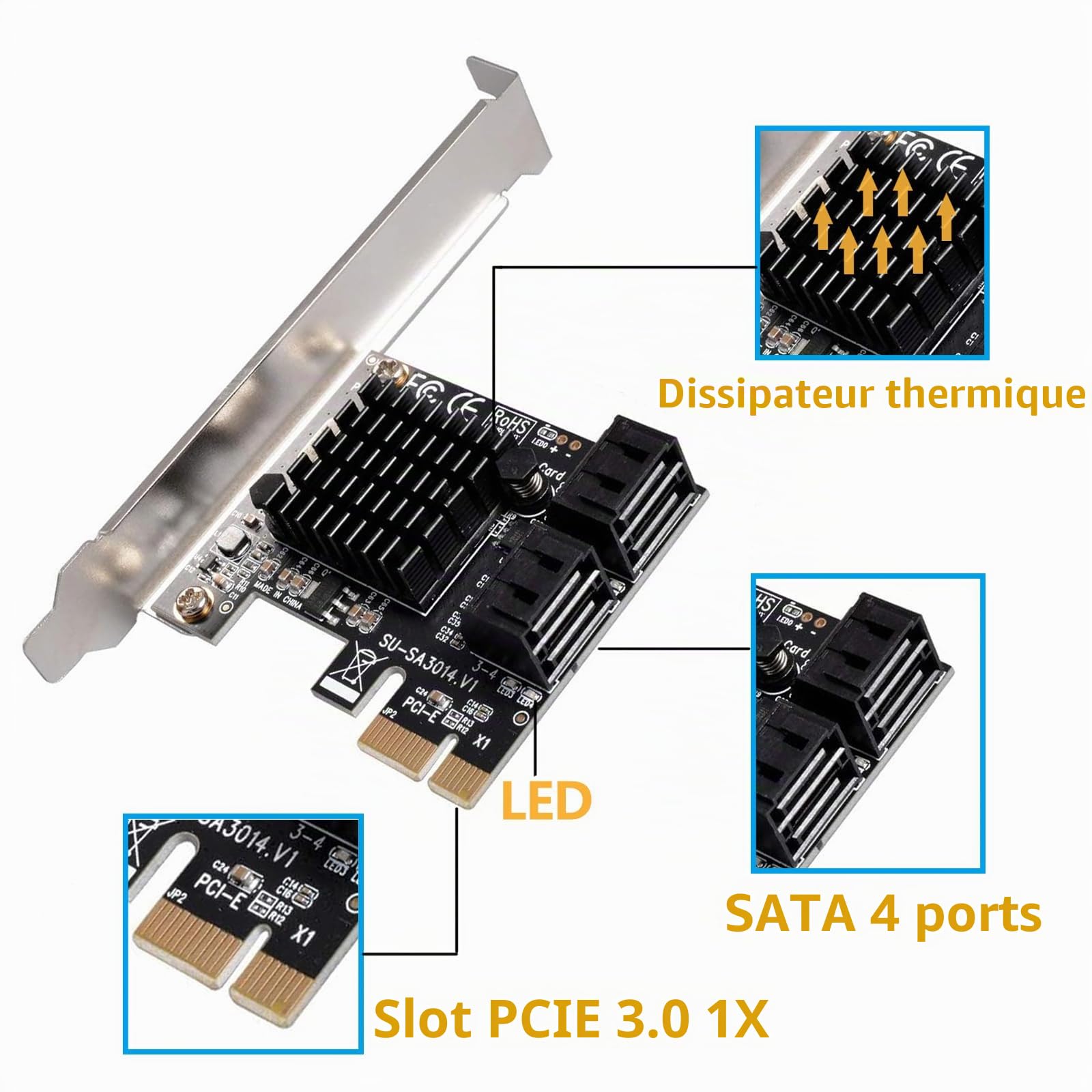 Carte PCIE 1 x SATA 4 Ports, avec 4 câbles SATA et Support à Profil Bas, contrôleur PCIE vers SATA 3.0 6 Gbit/s, Carte d'extension PCIE vers SATA, Carte PCIE contrôleur SATA