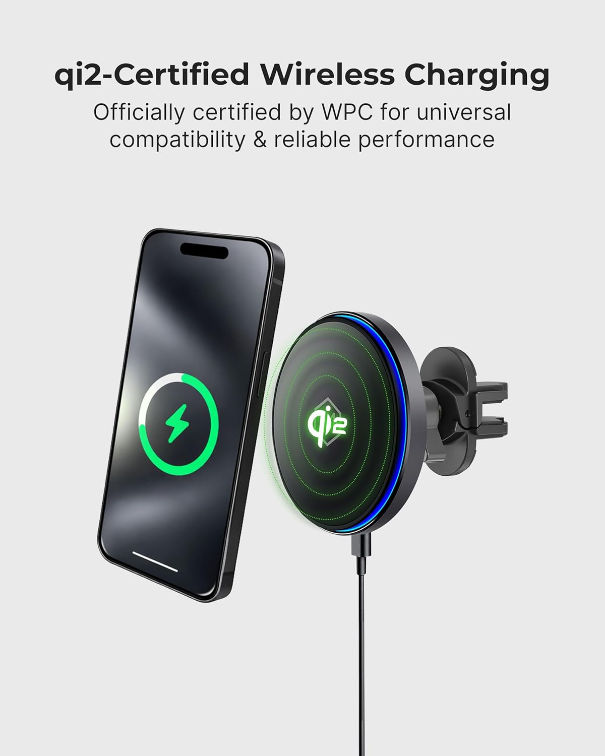 Image showing a smartphone wirelessly charging on the Qi2-certified mount, with a charging icon on the phone screen.