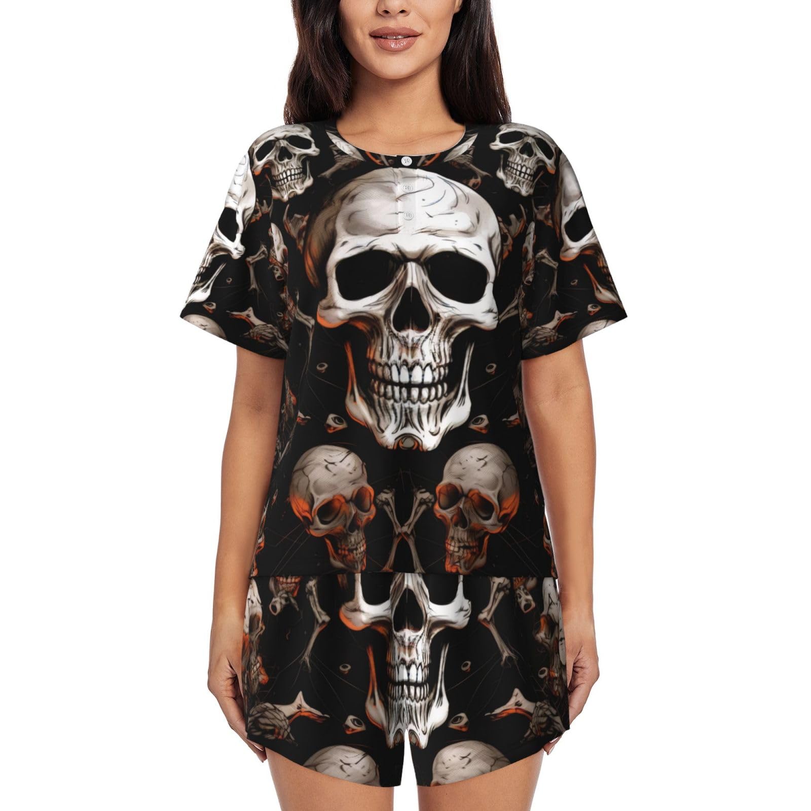 Bktraverpt Women's 3D Printed Pattern Cute Skull Background Short-Sleeved Pajama Set - Soft Button Down Sleepwear Loungewear, Round Neck Nightwear Summer Pjs Sets With Pockets Drawstring