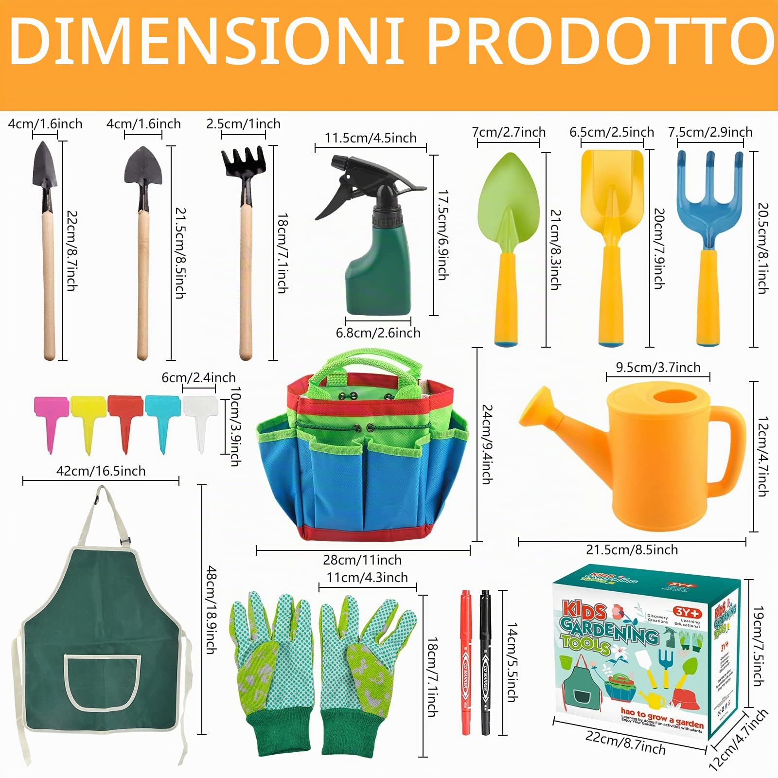 23 Pezzi Set da Giardinaggio per Bambini con Annaffiatoio, Pala, Rastrello, Vanga, Guanti, Grembiule e Attrezzi