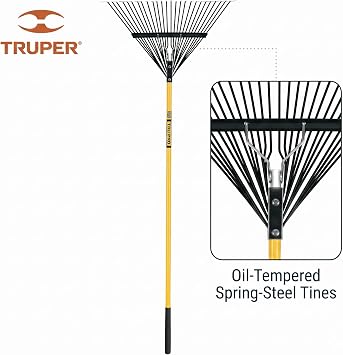 Truper Tru Pro 26-Tine Steel Lawn and Leaf Rake, 54-Inch Heavy-Duty Fiberglass Handle with 9-Inch Cushion Grip, Professional Landscaping and Yard Clean-Up Tool (Model 32401 / EMX-26F)