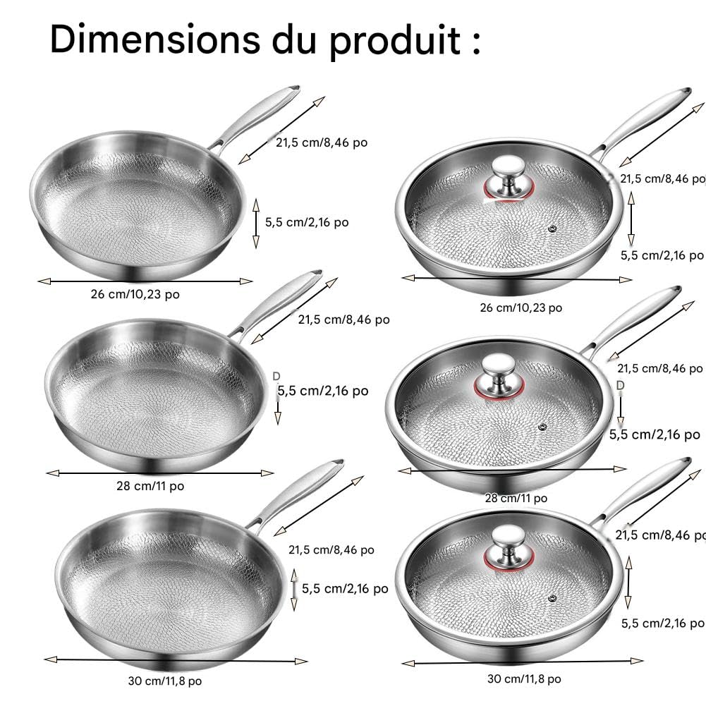 Poêle En Titane, Multi-Tailles 22/24/26/28/30 Cm – Antiadhésive Naturelle Sans Revêtement Chimique, Surface Martelée Chauffe Ultra-Rapide – Compatible Induction, Gaz, Céramique (sans couvercle,22cm)
