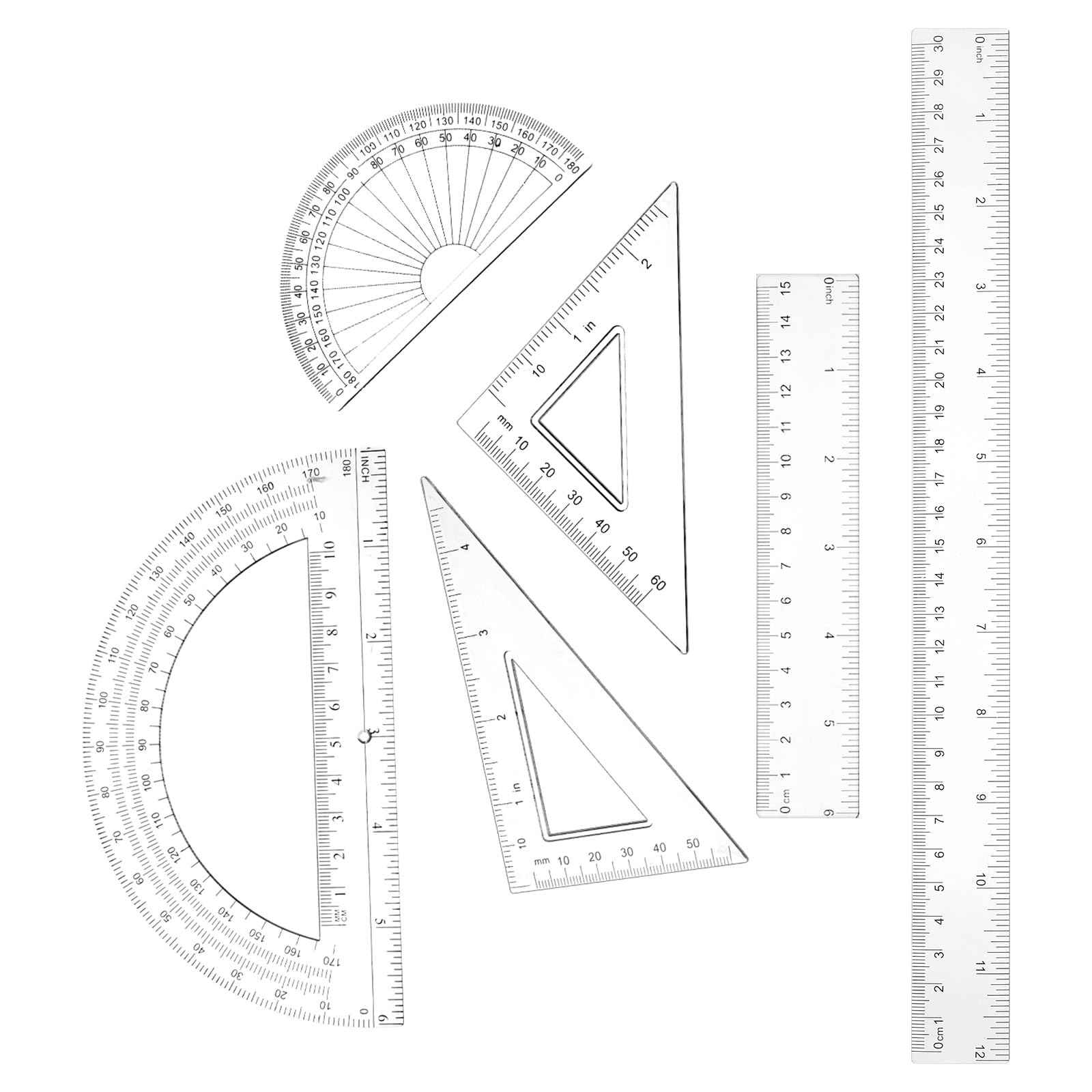 6PCS Small Clear Ruler 1 Set Plastic Geometry Set Includes 12 Inch 6 Inch Student Transparent Straight Rulers, 6" 4" Math Protractor, 30/60 and 45/90 Triangle Kids Ruler for School Office Supplies