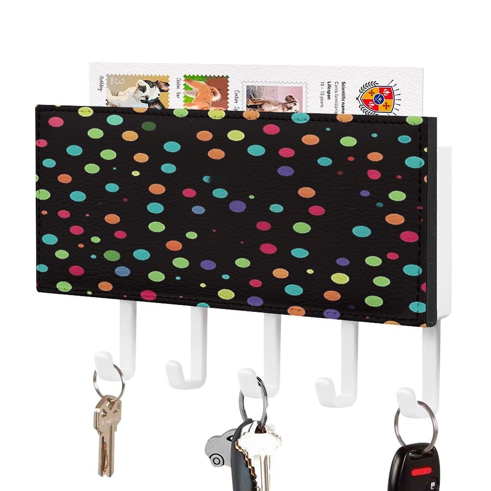 Black Polka Dot Background Key Holder Wall Mount Key Hanger with 5 Hooks Decorative Key Rack Hanging Key Hooks with Mail Organizer Key Holder for Wall Living Room Kitchen Bathroom Hallway White
