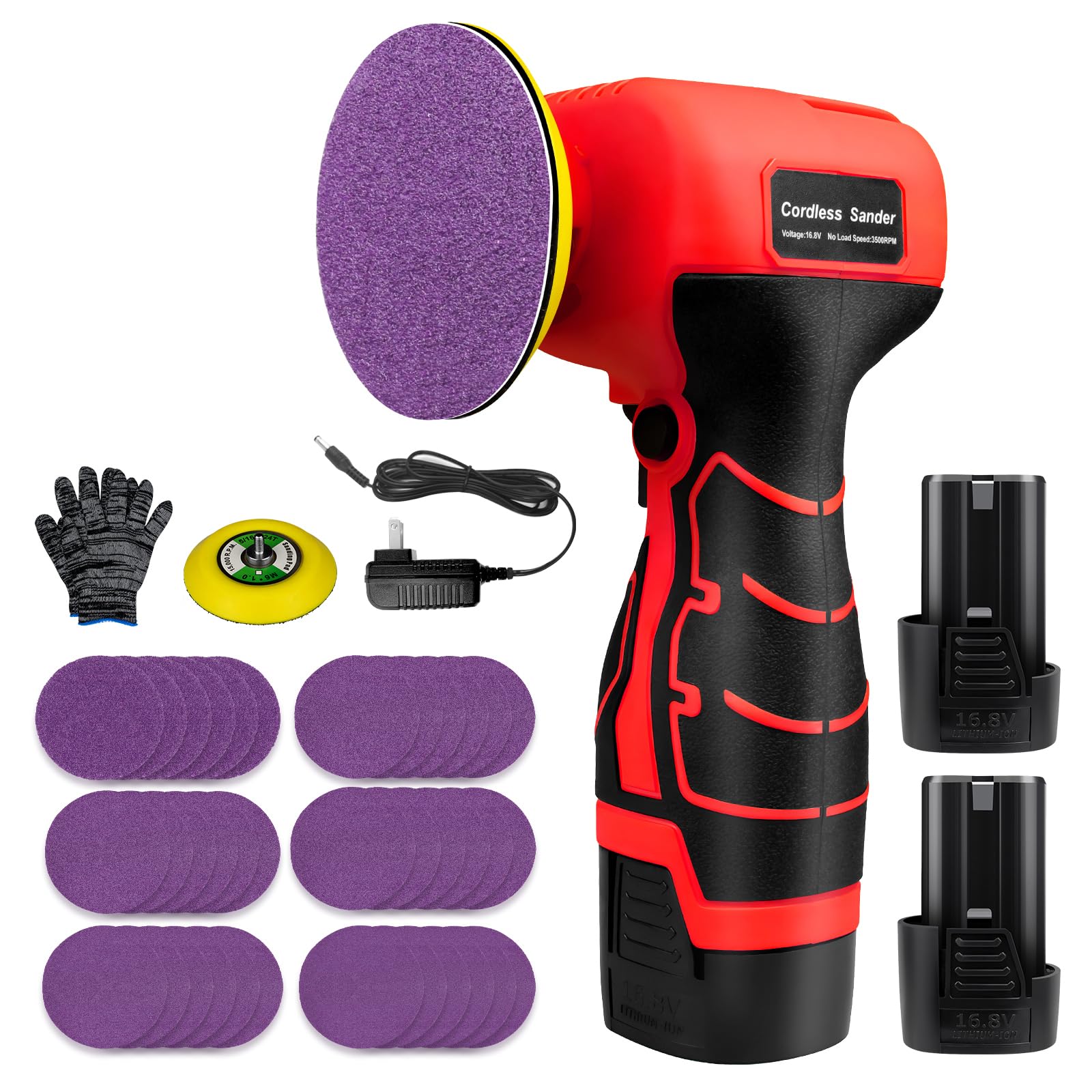 Ponceuse électrique sans fil 16,8 V avec 36 papiers abrasifs, 3500 tr/min, 2 batteries de 3,0 Ah, design léger et compact pour bois, métal, décapage de peinture et projets de bricolage