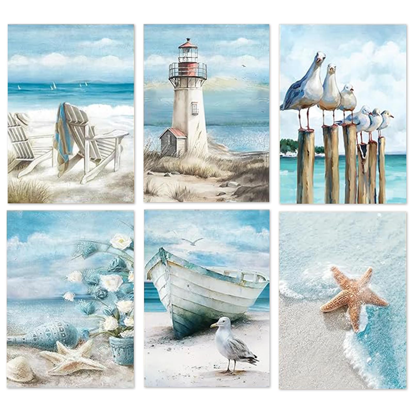 SASMoiyug 6 Stück Malen nach Zahlen Erwachsene, DIY am Meer Sandstrand Malen nach Zahlen Set Mit 6 Pinseln und Acrylfarbe Handgemalt Landschaft am Meer malen nach zahlen Ohne Rahmen Kit 25 X 35 CM