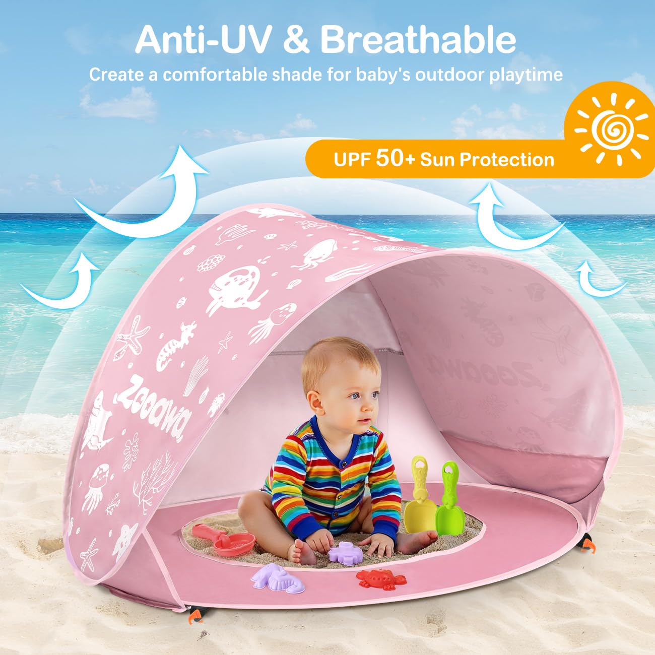 Tienda Playa Bebe, Pop up Tienda de Bebé con Piscina, Refugio Solar Carpa Playa Bebe Plegable Portátil Protección Sol para Infantil con Juego de Juguetes de Arena de Playa