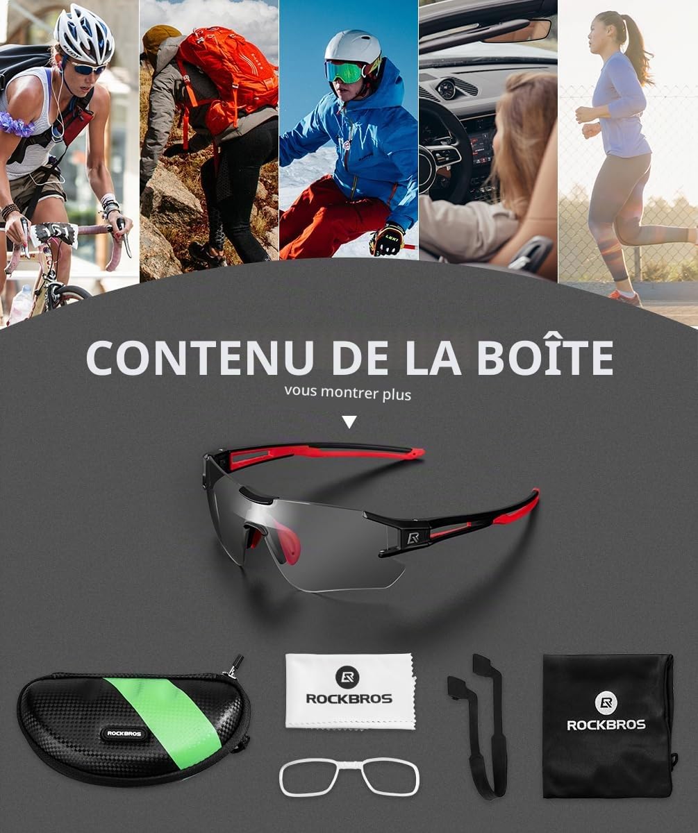 ROCKBROS Lunettes de Soleil Photochromiques Hommes Vélo, Cyclisme Lunettes Demi-Monture Polarisées Sport VTT Pêche Running