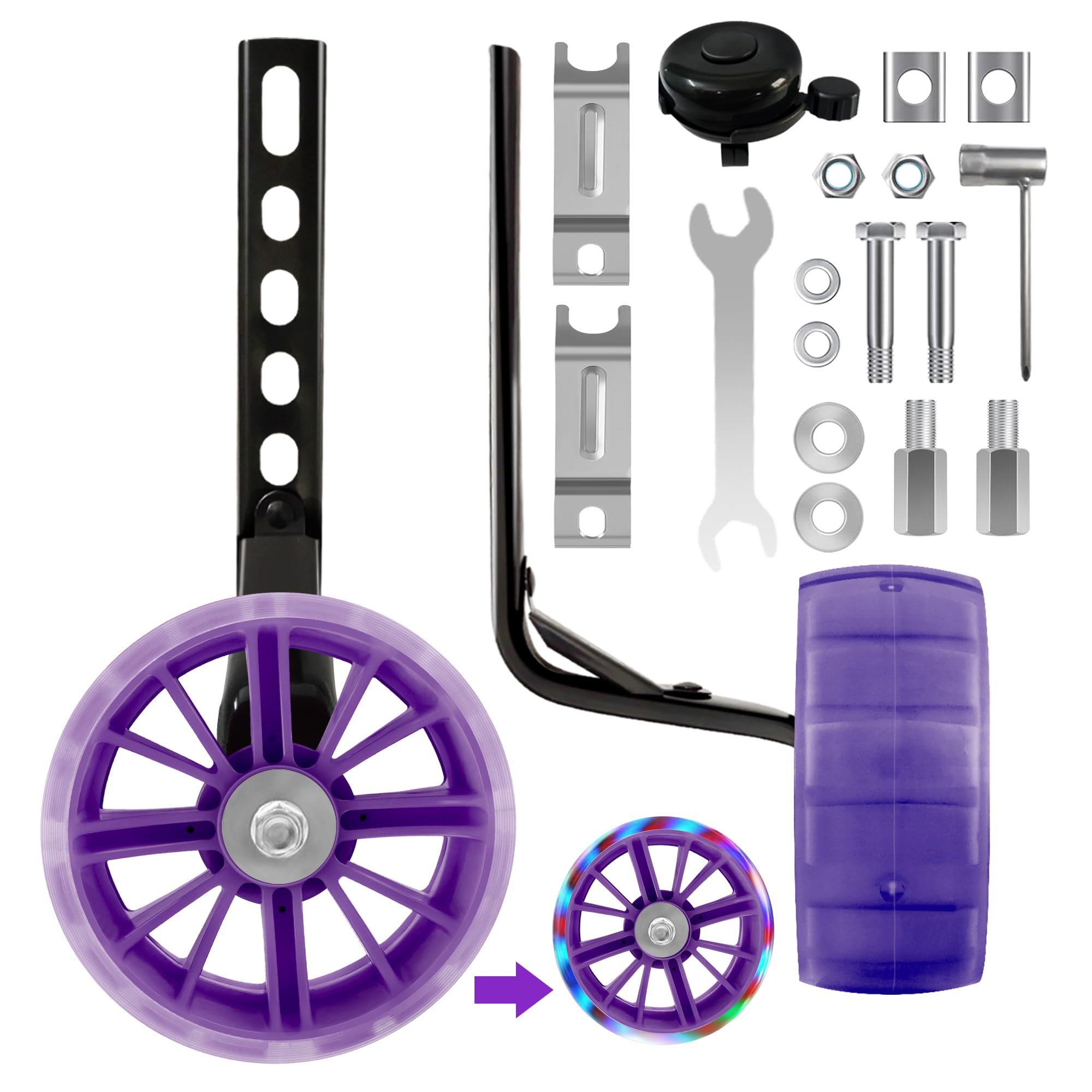Training Wheels with Flashing Quiet Wheels for Kids' Bikes – Fits 12, 14, 16, 18, and 20 Inch Variable &amp; Single Speed Bicycles - Big Purple