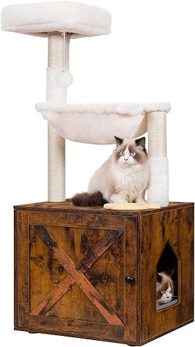 Hey-brother Árbol para gatos con caja de arena, torre para gatos todo en uno para gatos de interior con hamaca grande, cama, estación de alimentos,