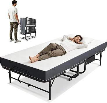 Folding Bed with Mattress, Portable Guest Rollaway Bed on Wheels | Heavy Duty Steel Frame, 450LBS Cap, Memory Foam Mattress, Space-Saving Bed for Camping Home Office Apartment