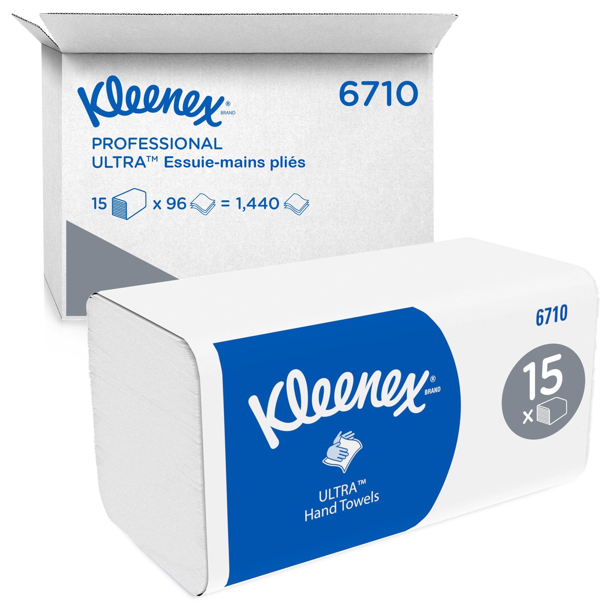 Kleenex Essuie-Mains Ultra 6710 Pliés en V, 3 Épaisseurs, Doux, Confortables, Ultra-Absorbants et Résistants, 15 Paquets x 96 Feuilles (1 440 Feuilles au Total)