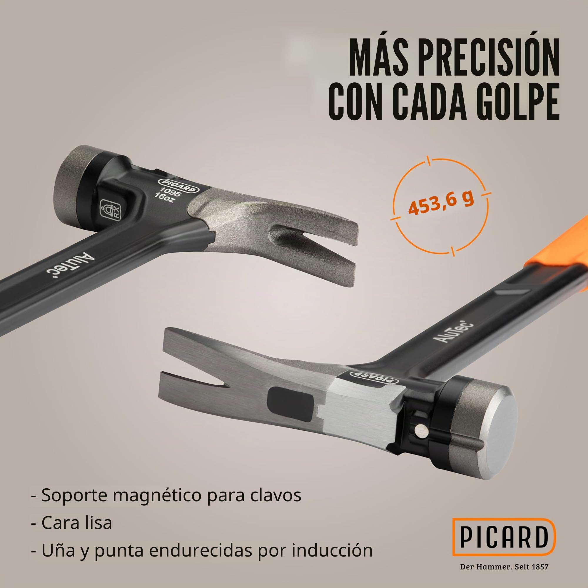 PICARD Martillo AluTec no.1095 superficie lisa | Martillo Carpintero Profesional | Encofrador con Cabeza Híbrida de Aluminio y Acero | Mango Ergonómico Antivibración | Martelo