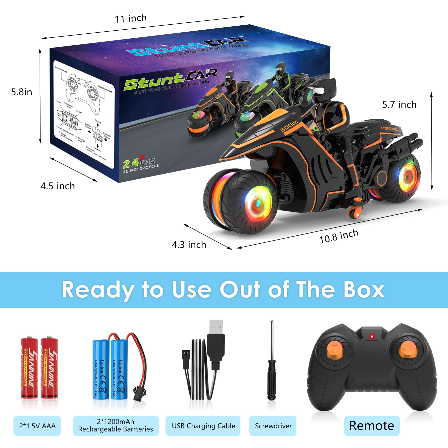 Motocicleta de control remoto con luces RGB y deslizamiento lateral exclusivo | Listo para jugar con 2 baterías | Bicicleta de acrobacias RC de 2.4 GHz Regalo para niños de 5 a 12 años 6