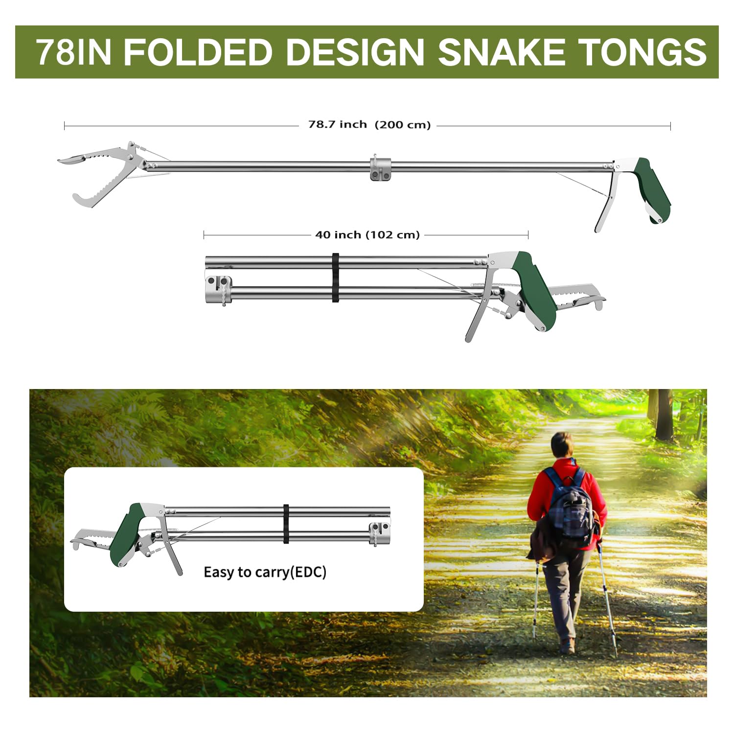 Pinzas de serpiente plegables de 78 pulgadas, herramienta profesional de manejo de serpientes para reptiles, herramienta de manejo de mandíbula ancha, gancho de serpiente de acero inoxidable