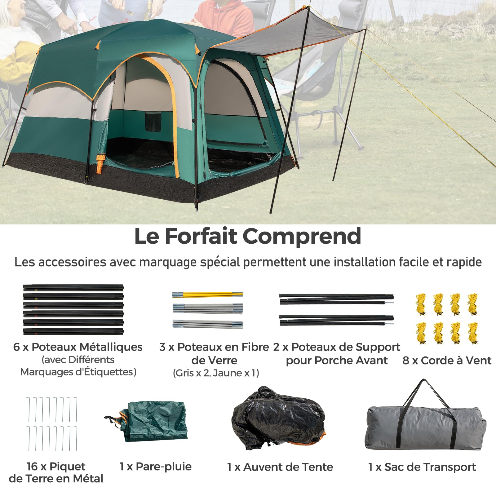 GYMAX Tente de Camping pour 4-6 Personnes, avec Grand Pare-Soleil Avant, Séparateur Intérieur de 2 Pièces, Fenêtre Maillée et 2 Portes Latérales Grillagées Enroulables