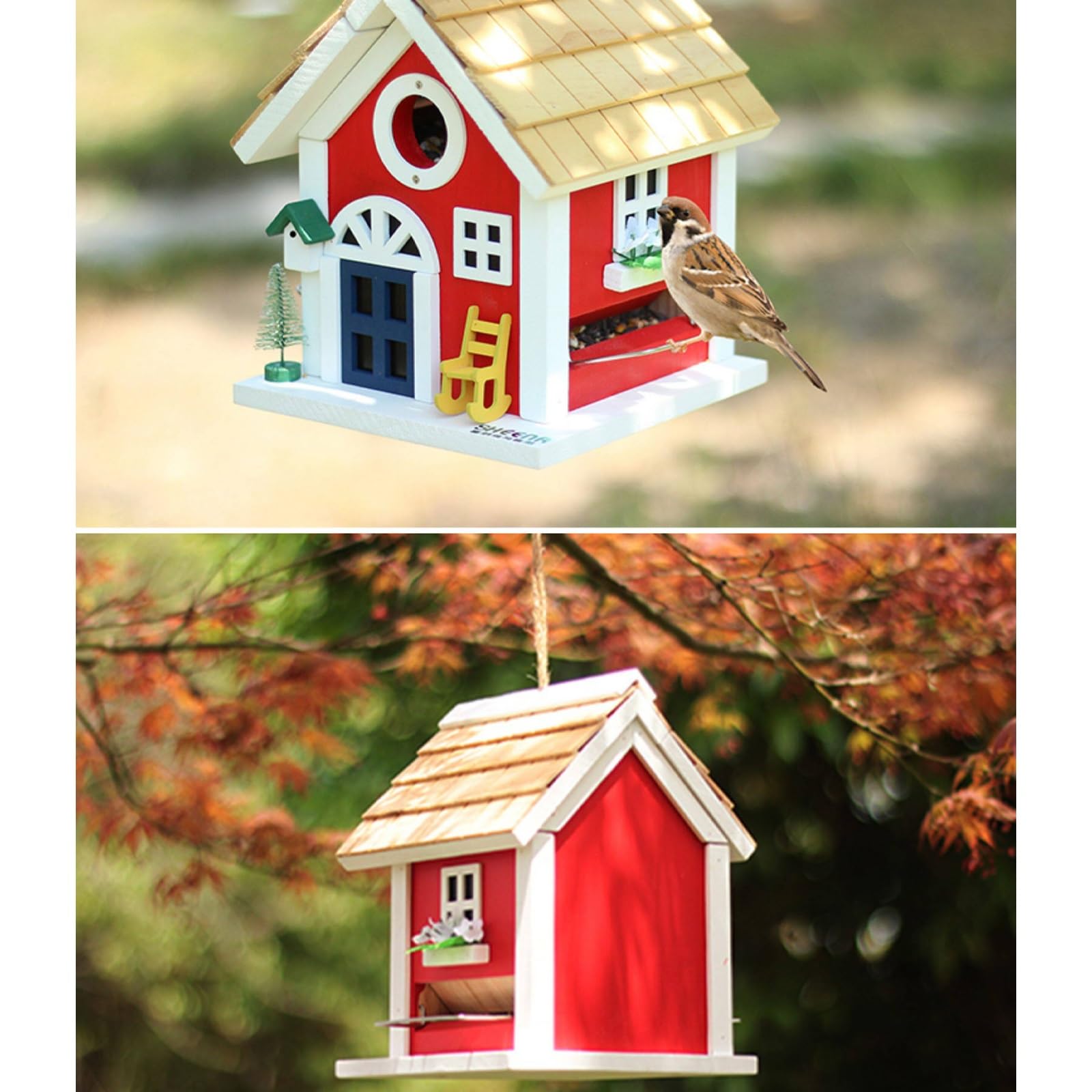 Comedero para Pájaros Colgante, Comedero Pajaros Exterior, Estilo Cabaña Rústica, Tapa Superior Abatible para Rellenar, para Jardín o Balcón