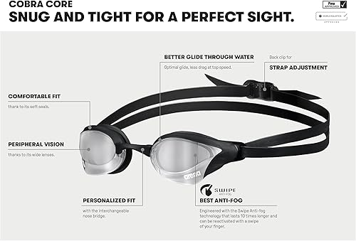 Miniatura 2 de Arena Gafas de natación de carreras unisex Cobra Core Swipe antivaho para hombres y mujeres con lente de policarbonato con espejosin espejo