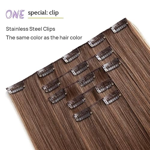 Miniatura 5 de Extensiones de cabello castaño con clip, lacio, invisible, de 22 pulgadas de largo, sintético, grueso, extensiones para mujeres, 5 unidades, negro,