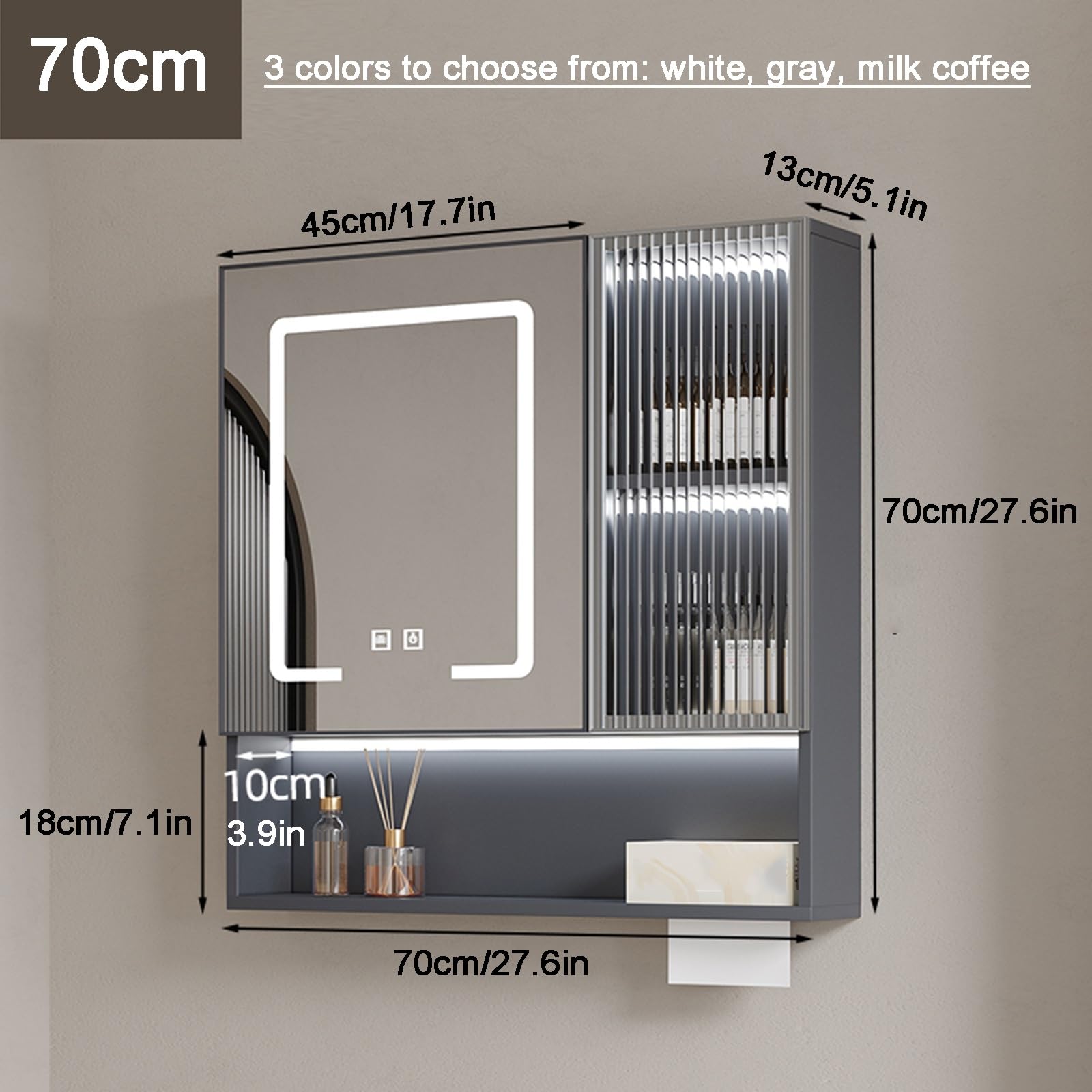 Armario de baño montado en la pared con espejo LED antivaho, función de almacenamiento de medicamentos, diseño moderno para ahorrar espacio y decoración elegante del baño.