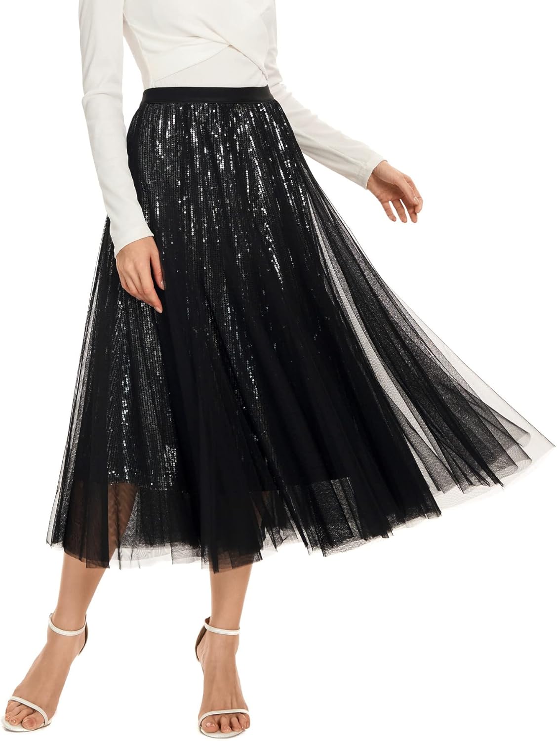 Sequin Long Tulle Skirt Layered Flowy Fairy Sparkle Party Mesh Tea Length Big Hem Skirts for Women - Image 2