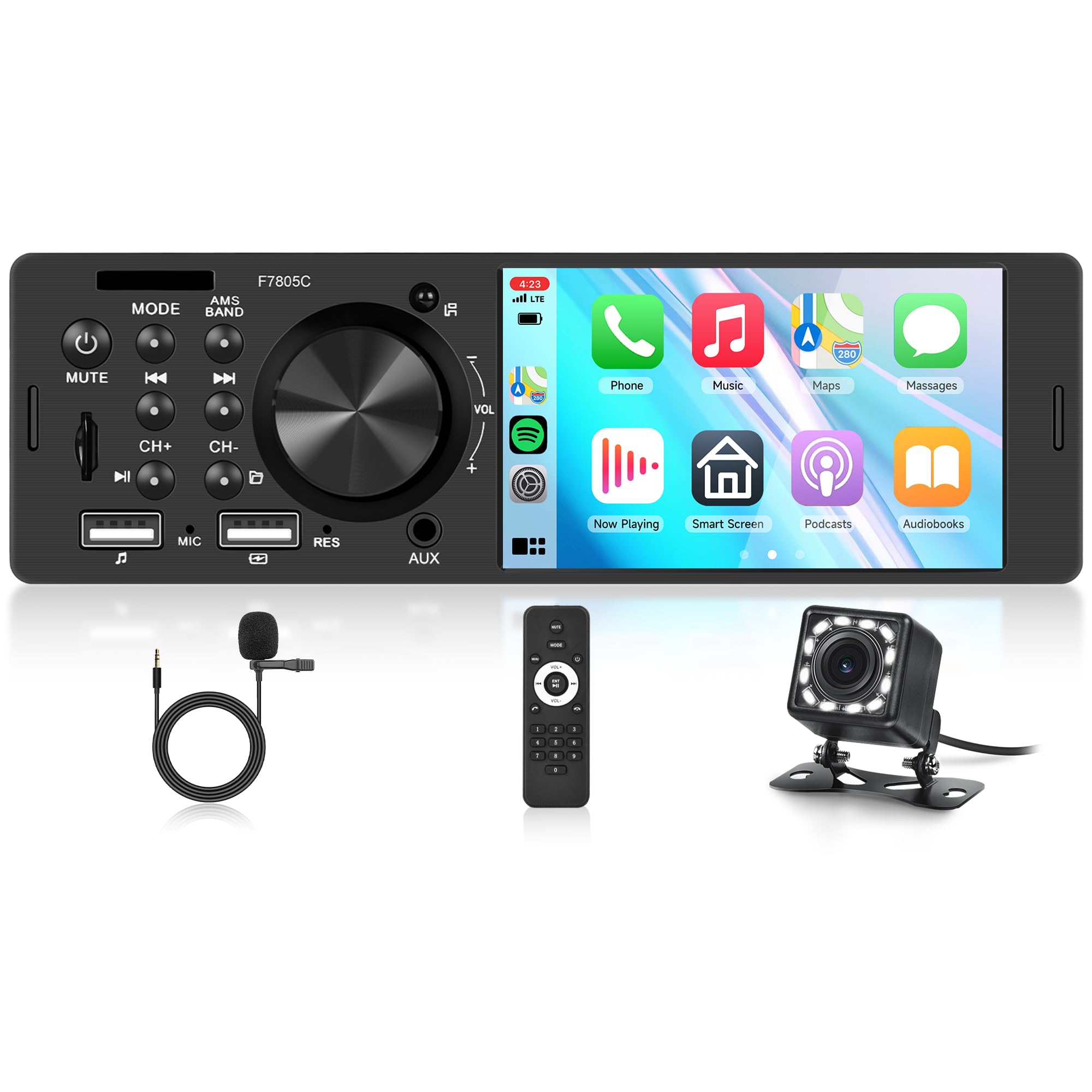 Rimoody Carplay Autoradio 1 Din con Android Auto 4 Pollici Touchscreen 1 Din Autoradio con Pomello con Mirror Link FM/RDS EQ Bluetooth USB/TF Comandi al Volante 12LED Telecamera Posteriore