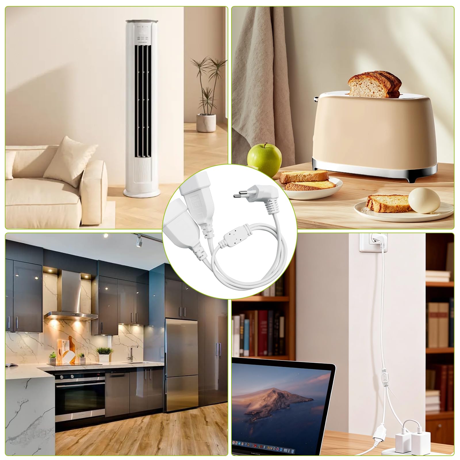 Przedłużacz z kątowymi 90° wtyczkami Euro, 2 w 1, przewód płaski i cienki, biały, 2.5A/250V, do TV, PC, komputera, monitora