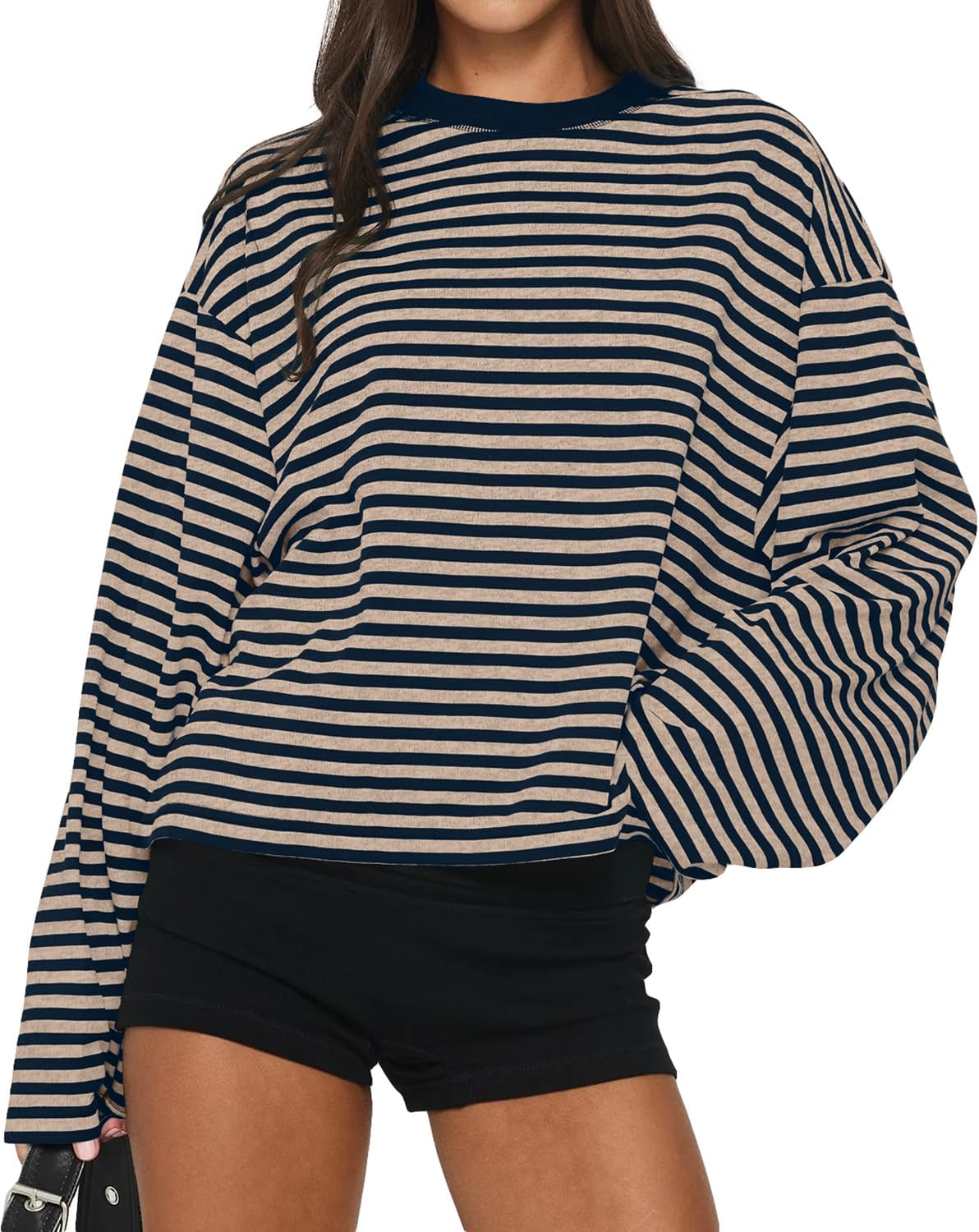 BAIGRAM Women Y2K Oversized Striped Tshirt Tops Fall Trendy Outfits 2025 Vintage Long Sleeve Crewneck Preppy Pullover Tee