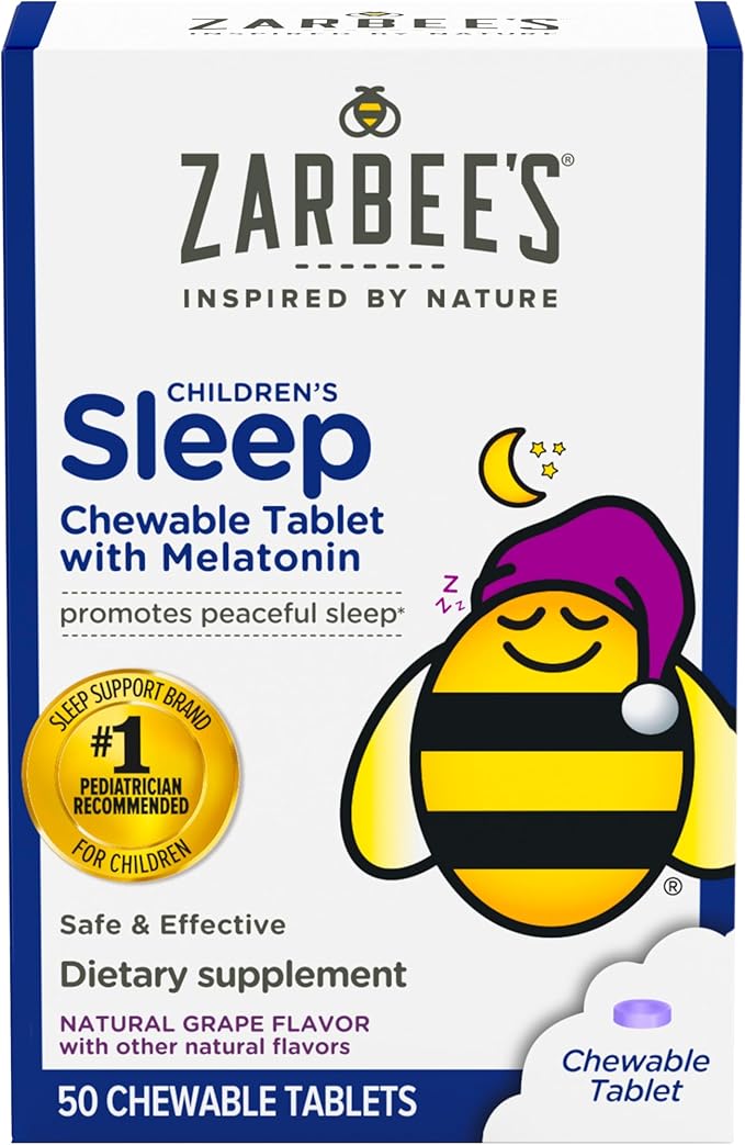 Zarbee's Kids Melatonin Chewable Tablet, 1mg Melatonin, Drug-Free & Effective Sleep Supplement, Natural Grape Flavor, No Artificial Sweeteners or Dyes, Gluten Free, Ages 3+, 50 ct