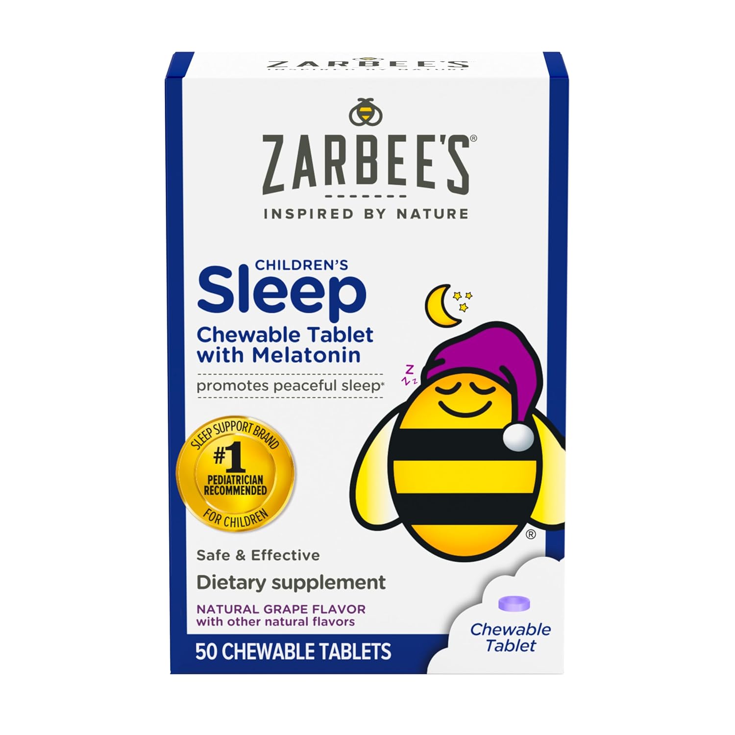 Zarbees Kids Melatonin Chewable Tablet 1mg Melatonin Drug-Free Effective Sleep Supplement Natural Grape Flavor No Artificial Sweeteners or