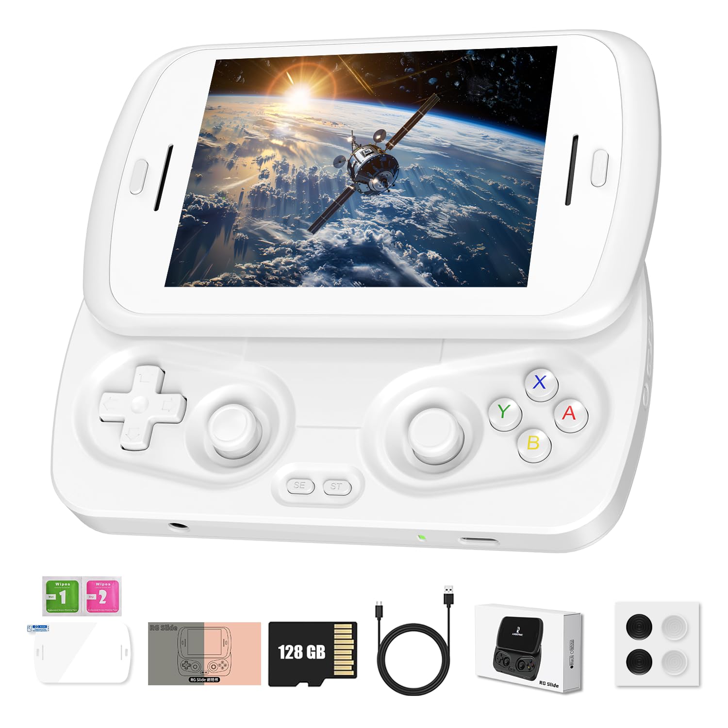 RG Slide Handheld Game Console RG Slide 4.7-inch LTPS in-Cell Display 1280*960 Screen Retro Game Console 128G UFS2.2 Card Portable Arcade Video Gaming Console with Capacitive Joystick White RG Slide-White