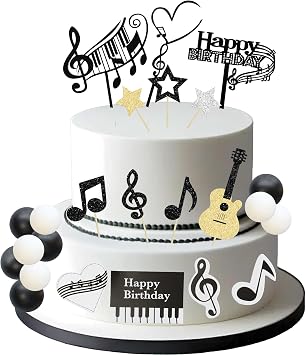 Gyufise 30Pcs Rock Music Happy Birthday Cake Topper Piano Guitar Cake Toppers Glitter Music Notes Balls Cake Decorations for Musician Birthday Party Supplies Black White