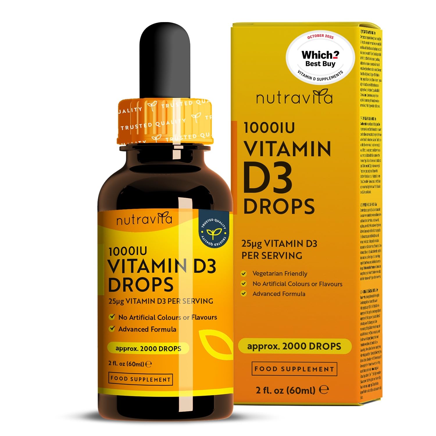 Nutravita Vitamin D3 Drops 60ml (2000 Drops) – Which? Best Buy 2025 - Vitamin D 1000IU per Drop – Flexible Dose of Liquid Vitamin D Supplement – Supports Bones, Immune System & Calcium Absorption