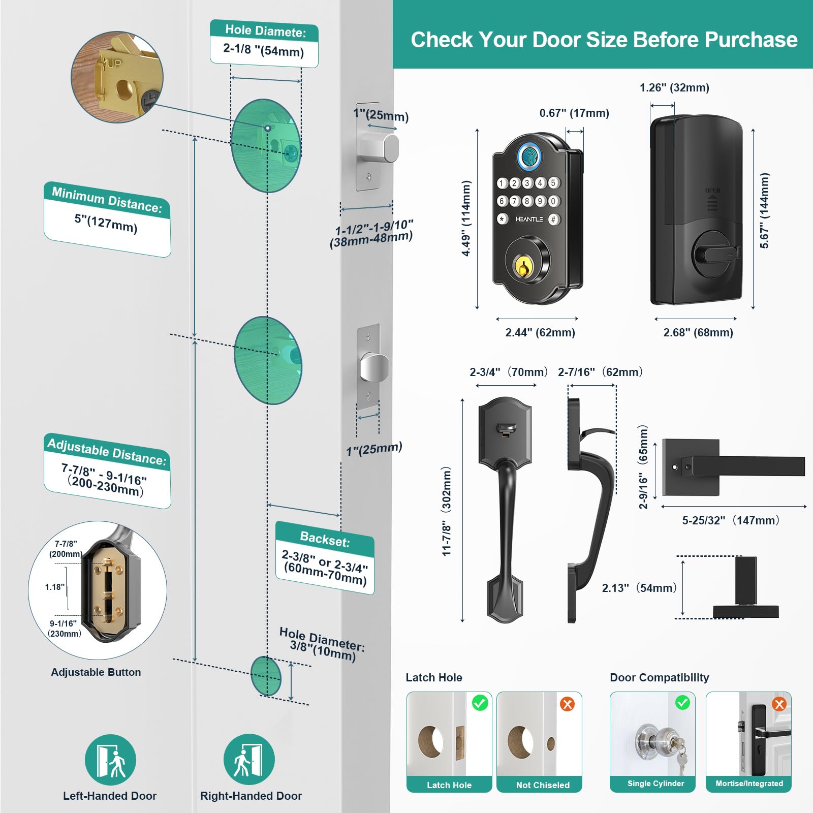 Set di serrature smart WiFi: HEANTLE Keyless Entry Serratura per porta d'ingresso, tastiera digitale elettronica con impronte digitali, chiavistello con maniglie, app telecomando, Alexa Voice