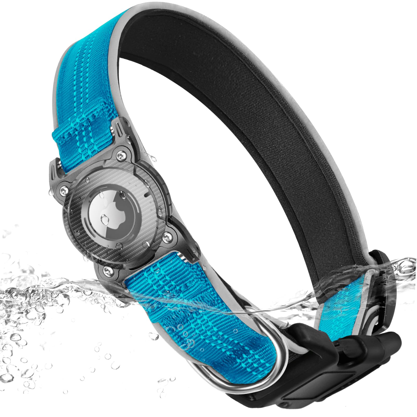 ONEONTA Airtag Dog Collar - Waterproof AirTag Holder with Removable Metal Loop, Ultra Durable, Enhanced Reflective, Soft Padded, Blue, S